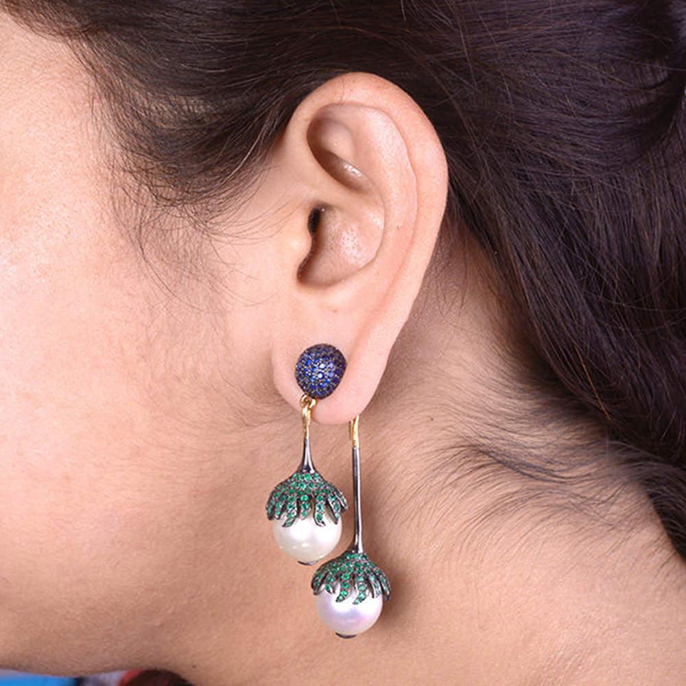 Artisan Double Sided Pearl Sapphire and Emerald Earring