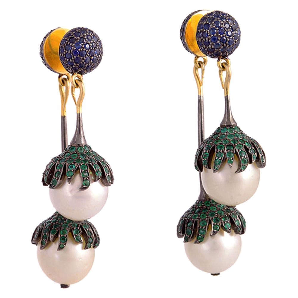 Double Sided Pearl Sapphire and Emerald Earring