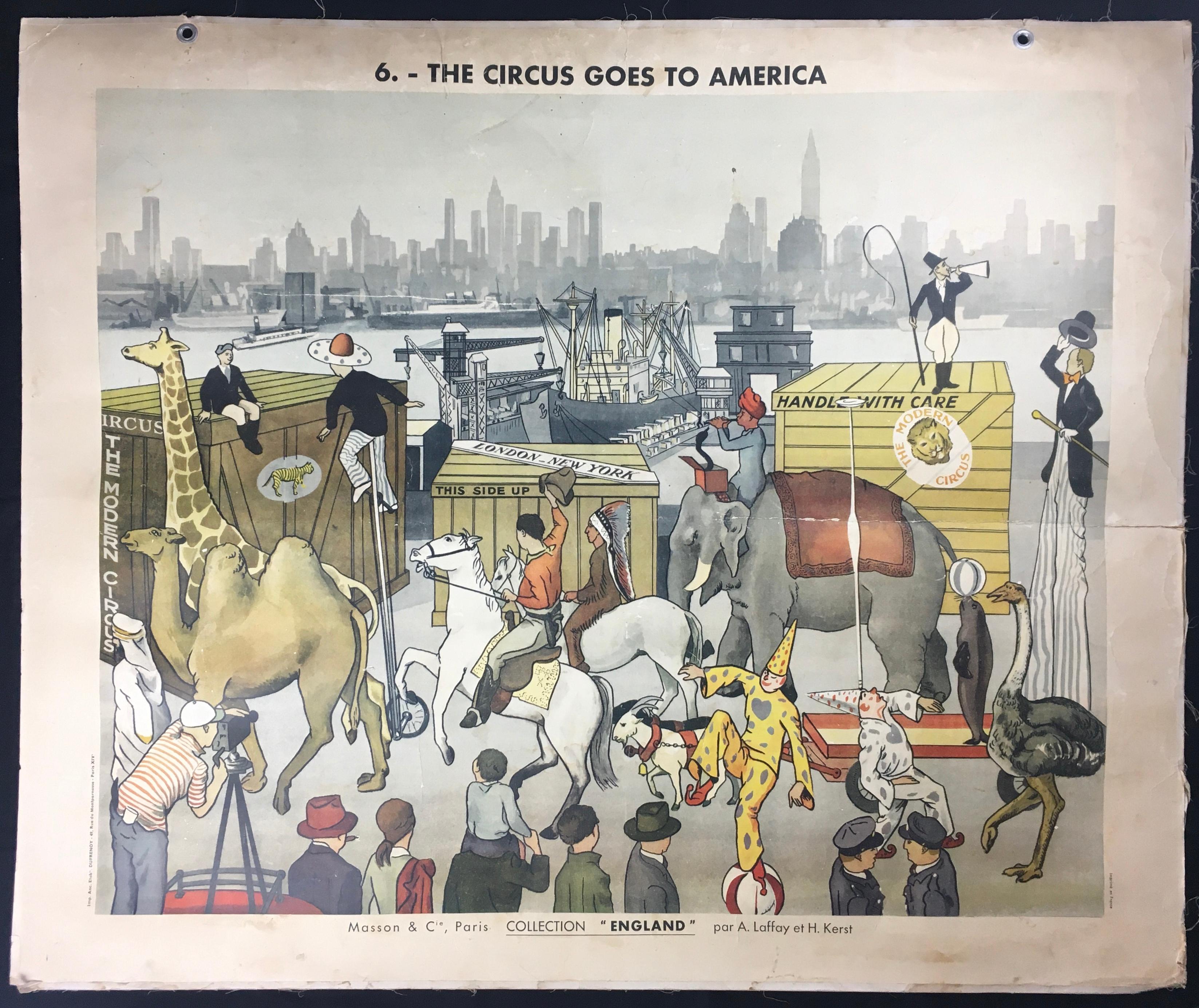 Very decorative double sided poster from Masson & Cie, 1960s. This vintage wall decoration has wonderful details of London Street Scenes and The Circus Goes to America.

Produced in France in the 1960s as educational tools for school children.