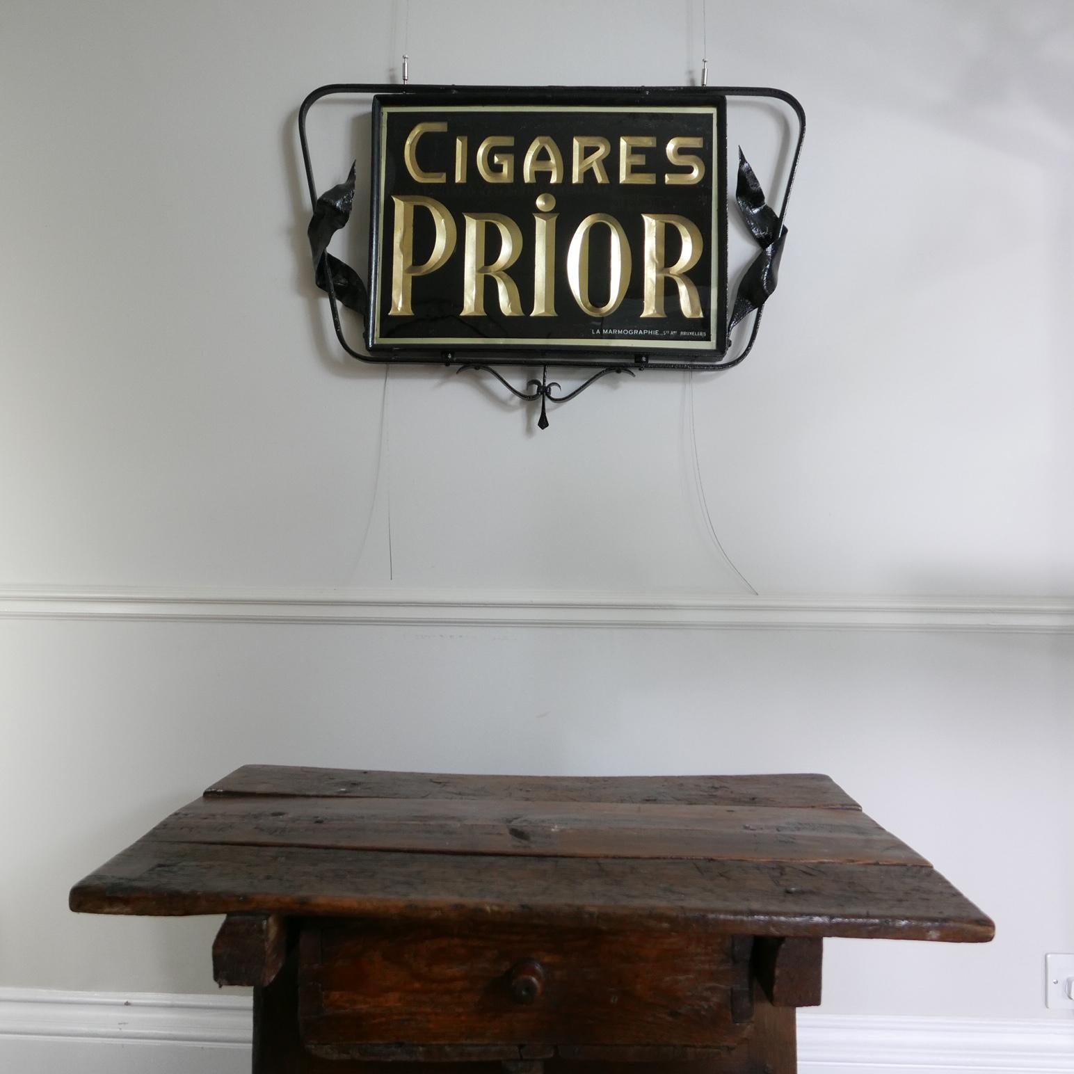 Belgian Double Sided Reverse Painted Cigar Hanging Advertising Sign For Sale