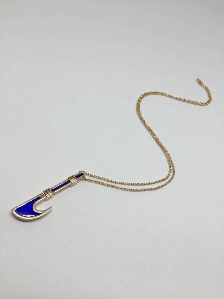 Women's or Men's Double-Sided Rose Gold Sickle Necklace with Diamonds and Blue Enamel Crafting For Sale