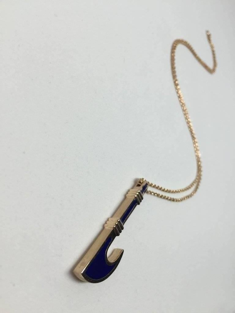 Double-Sided Rose Gold Sickle Necklace with Diamonds and Blue Enamel Crafting For Sale 1