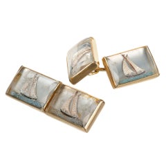 Antique Double Sided Sailboat Reverse Carved Crystal Yellow Gold Cufflinks