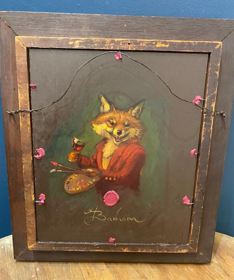 Double sided smoking fox oil painting in antique frame by Anthony Barham
The front side of this whimsical painting depicts a fox smoking a pipe while the backside painting depicts a fox holding a paint pallet. 
Middleburg, Virginia,