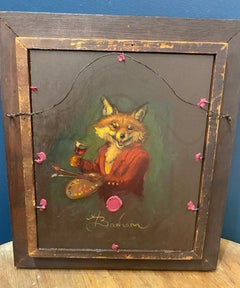 Double Sided Smoking Fox Oil Painting in Antique Frame by Anthony Barham