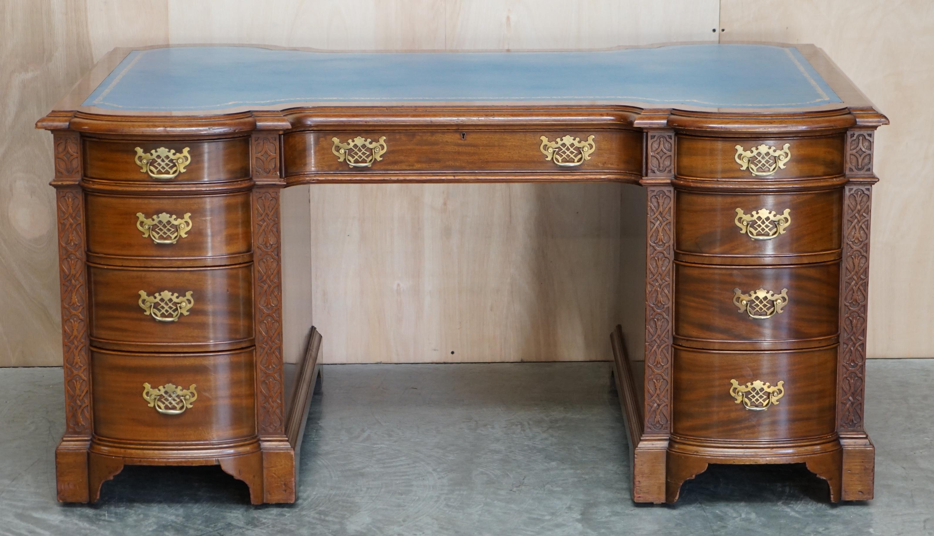 We are delighted to offer this lovely Thomas Chippendale Revival twin pedestal, double sided, partner desk with Regency Blue Leather top

A very good looking and well made desk, it is a copy of an original Thomas Chippendale desk, double sided