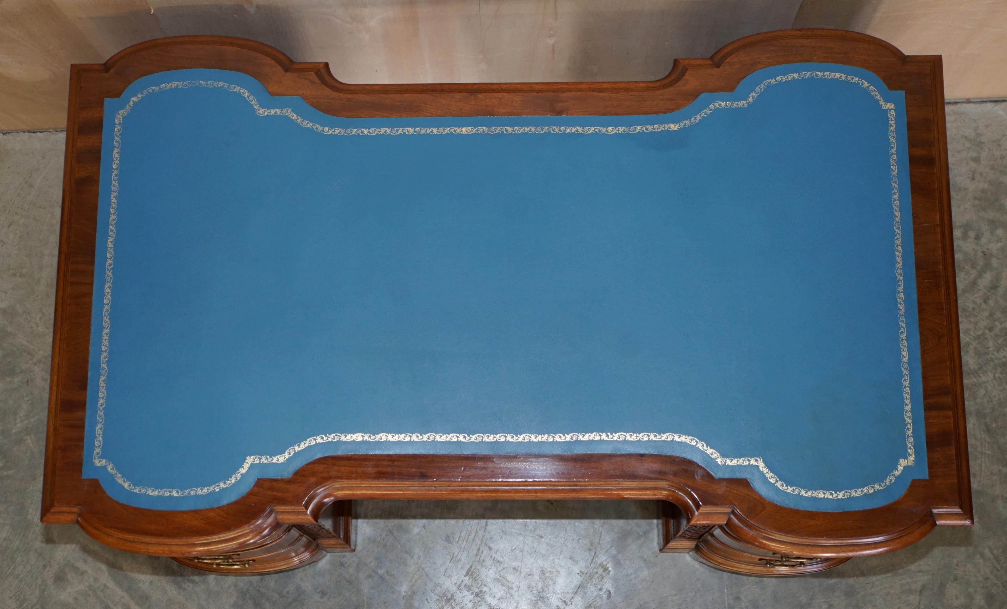 20th Century Double Sided Thomas Chippendale Revival Twin Pedestal Partner Desk Regency Blue