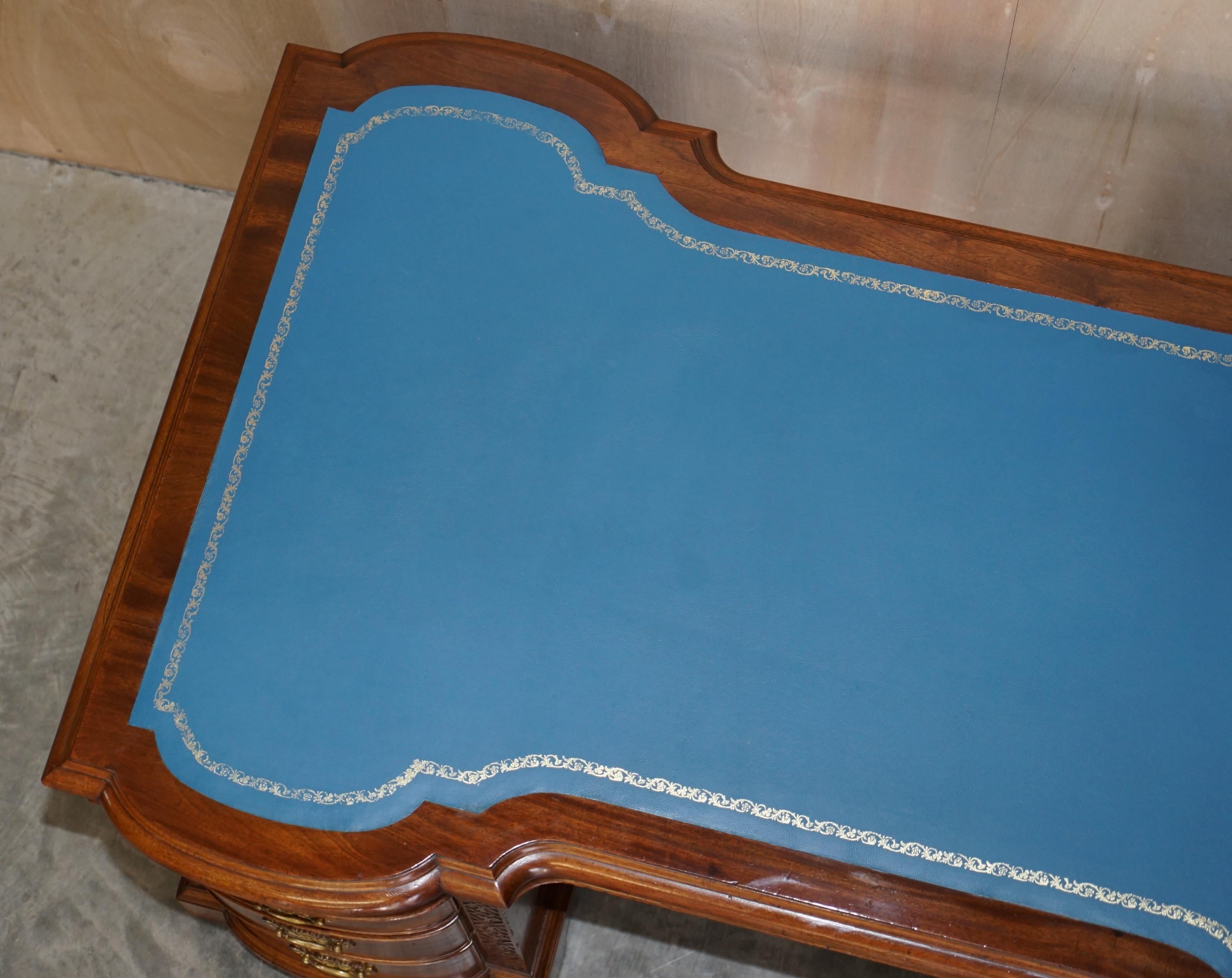 Leather Double Sided Thomas Chippendale Revival Twin Pedestal Partner Desk Regency Blue