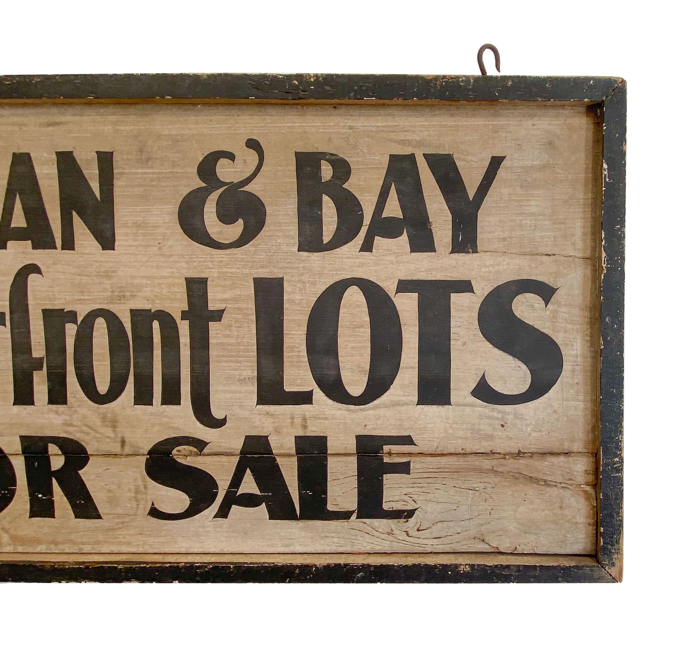 Double sided real estate trade side, original paint on framed wood panel
White ground with black lettering,
Found in Rhode Island, circa 1940.