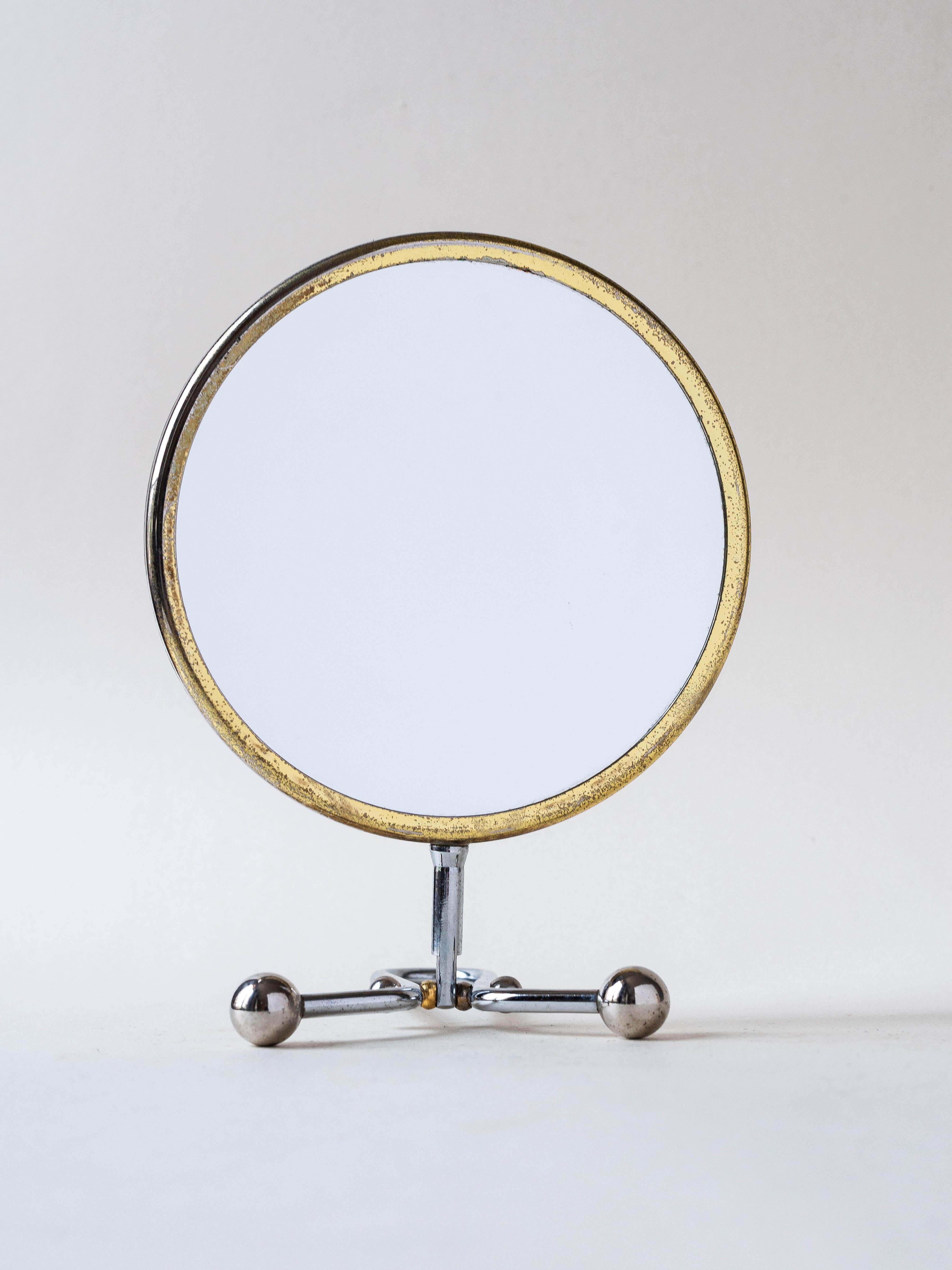 Mid-Century Modern Double Sided Vanity Mirror with Magnification, Chrome and Gold Plated 1950s For Sale