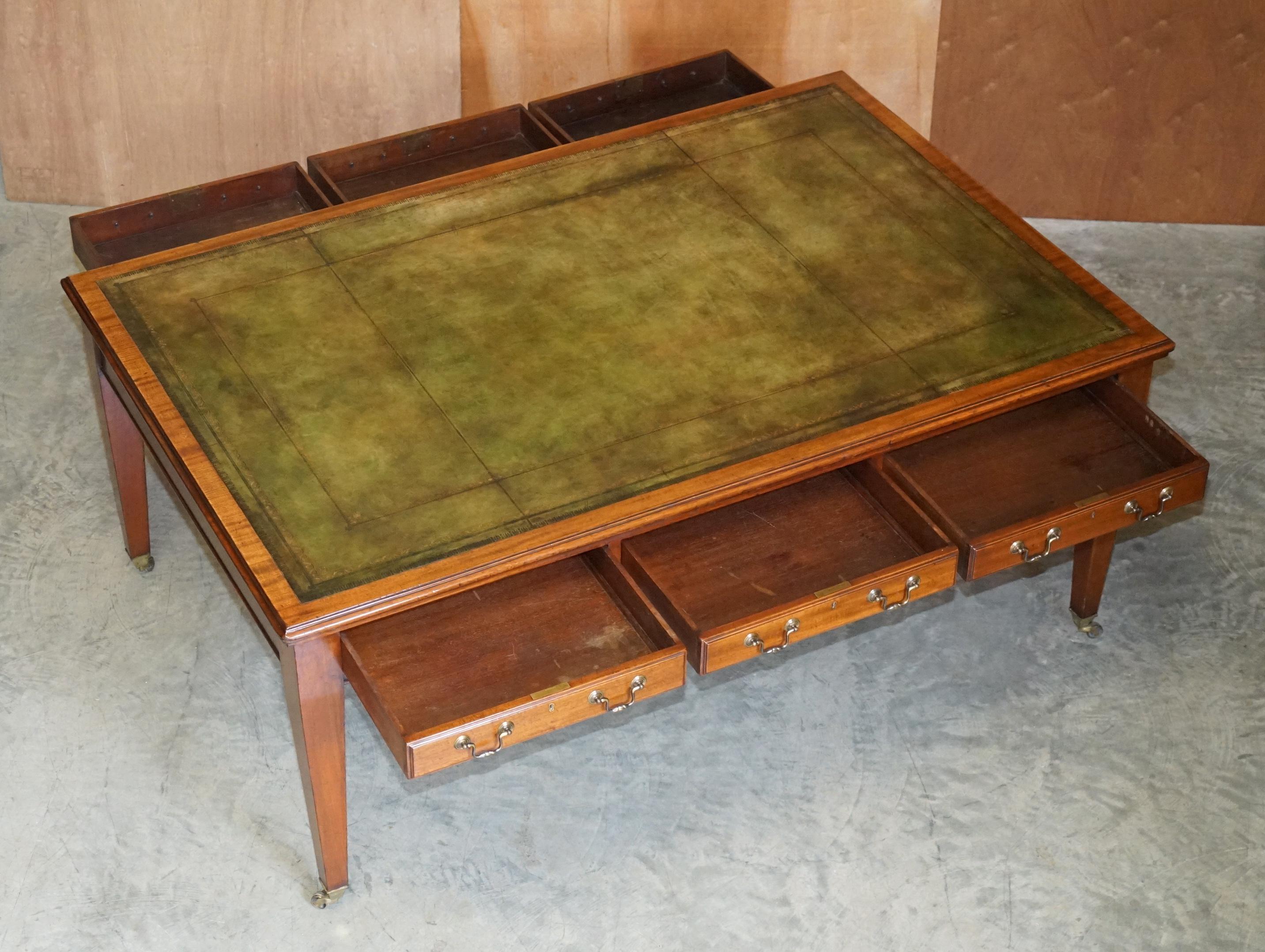 Double Sided Victorian Cir 1880 Green Leather & Hardwood Dining Table 6 Drawers For Sale 10