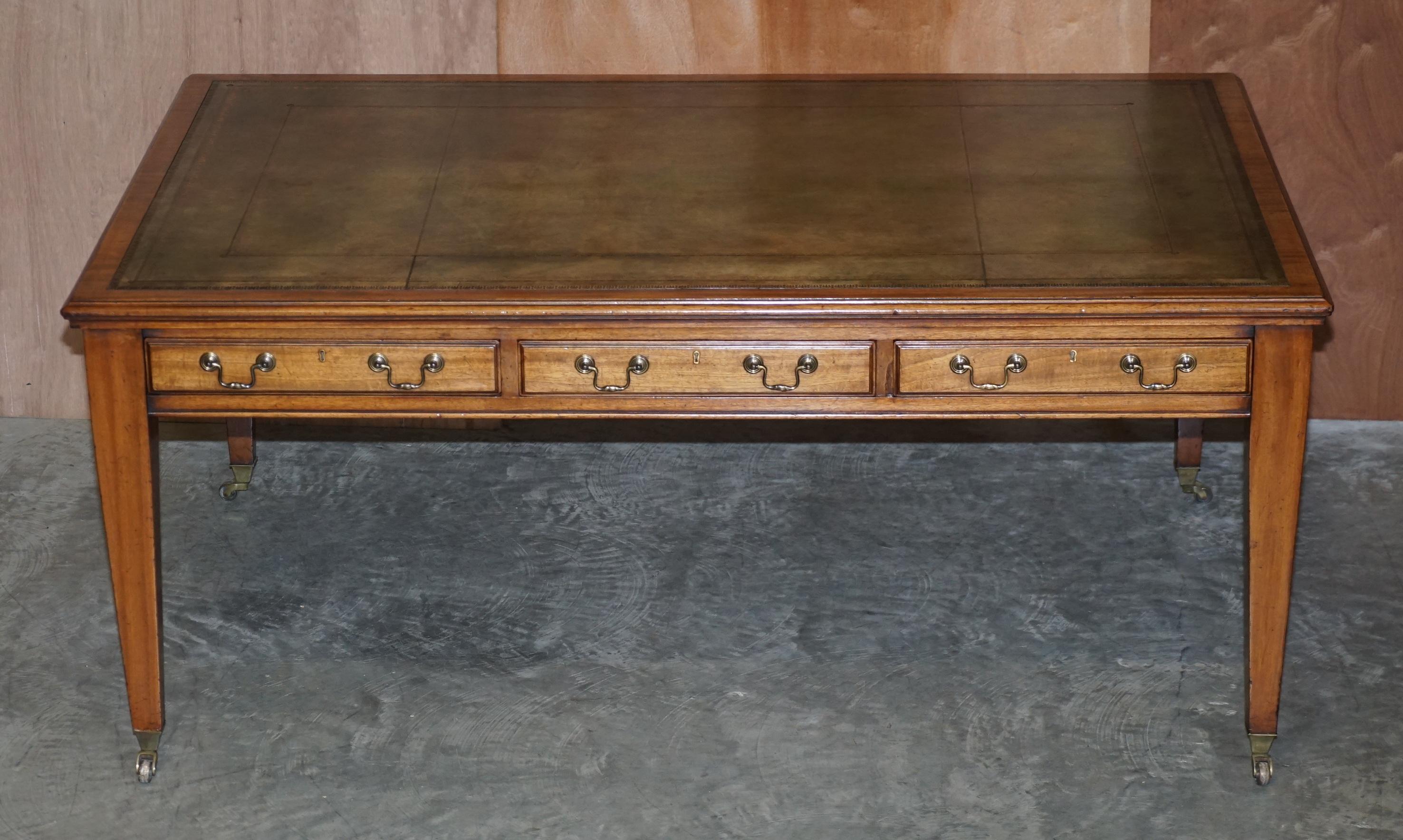 We are delighted to offer for sale this sublime circa 1880 refectory Library Dining table with tapered legs and hand dyed Regency green leather top.

This table is simply stunning from every angle, it has been lightly restored to include deep