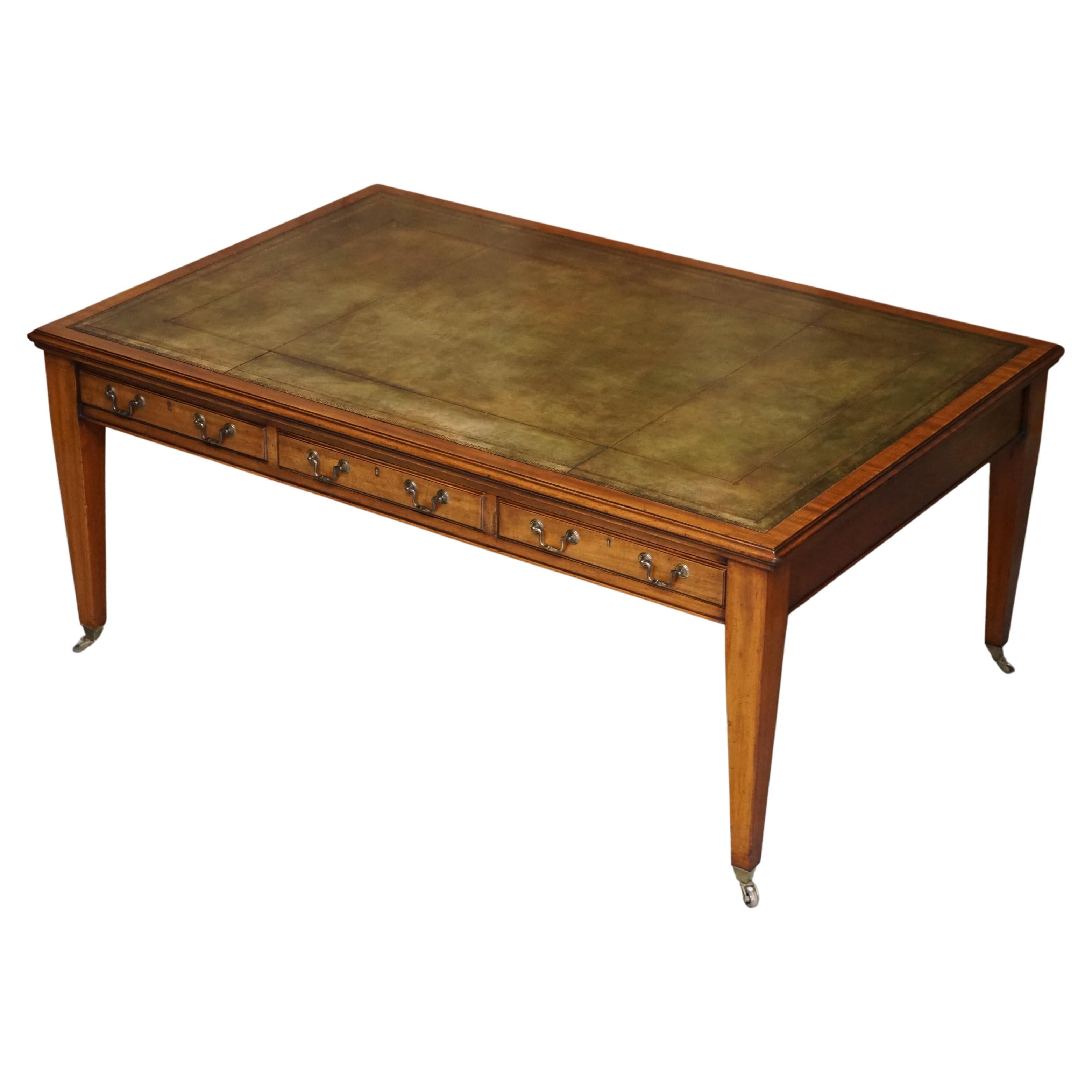 Double Sided Victorian Cir 1880 Green Leather & Hardwood Dining Table 6 Drawers For Sale