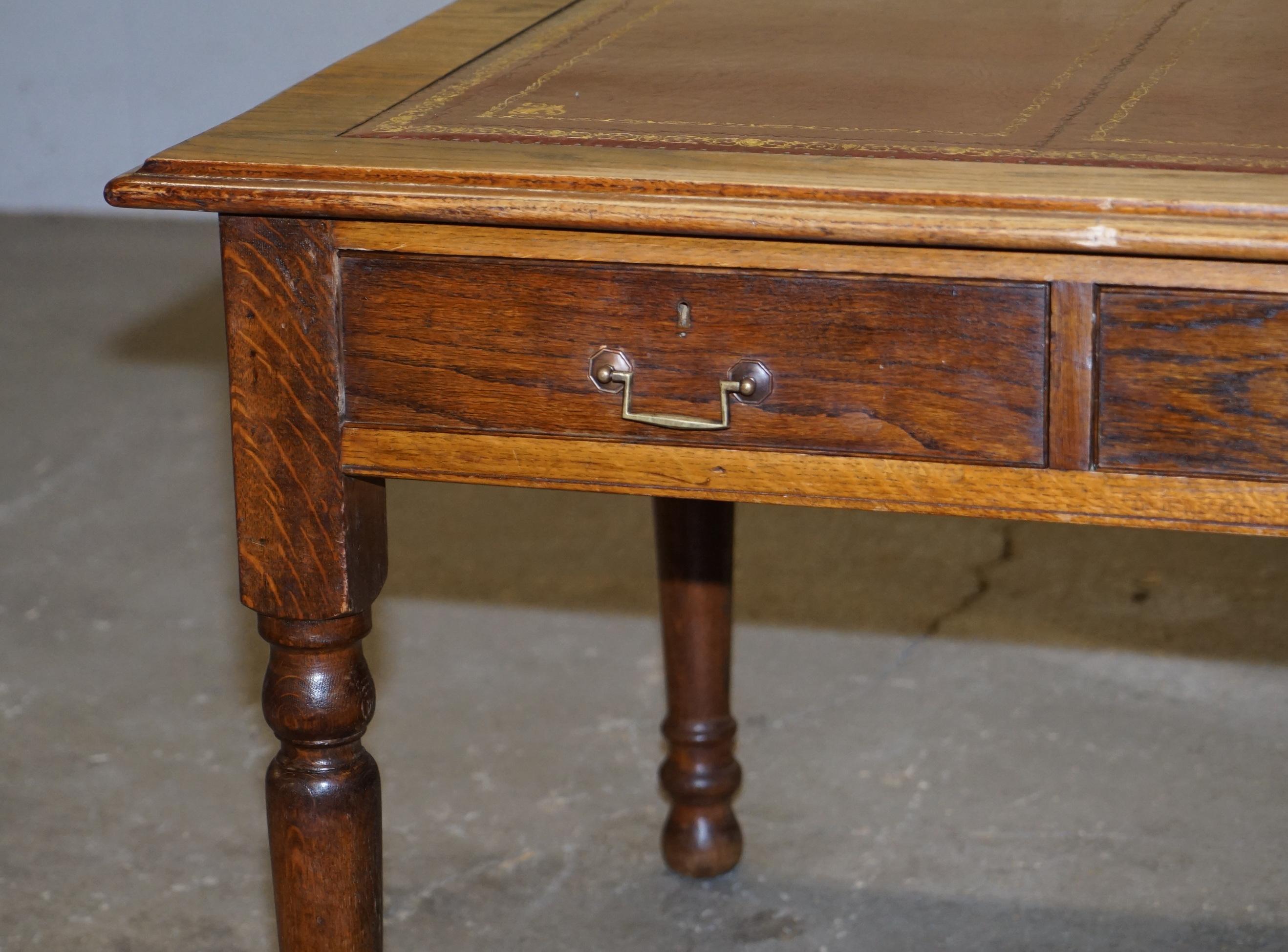 Double Sided Victorian Oak Oxblood Leather Top Library Writing Desk with Drawers 4
