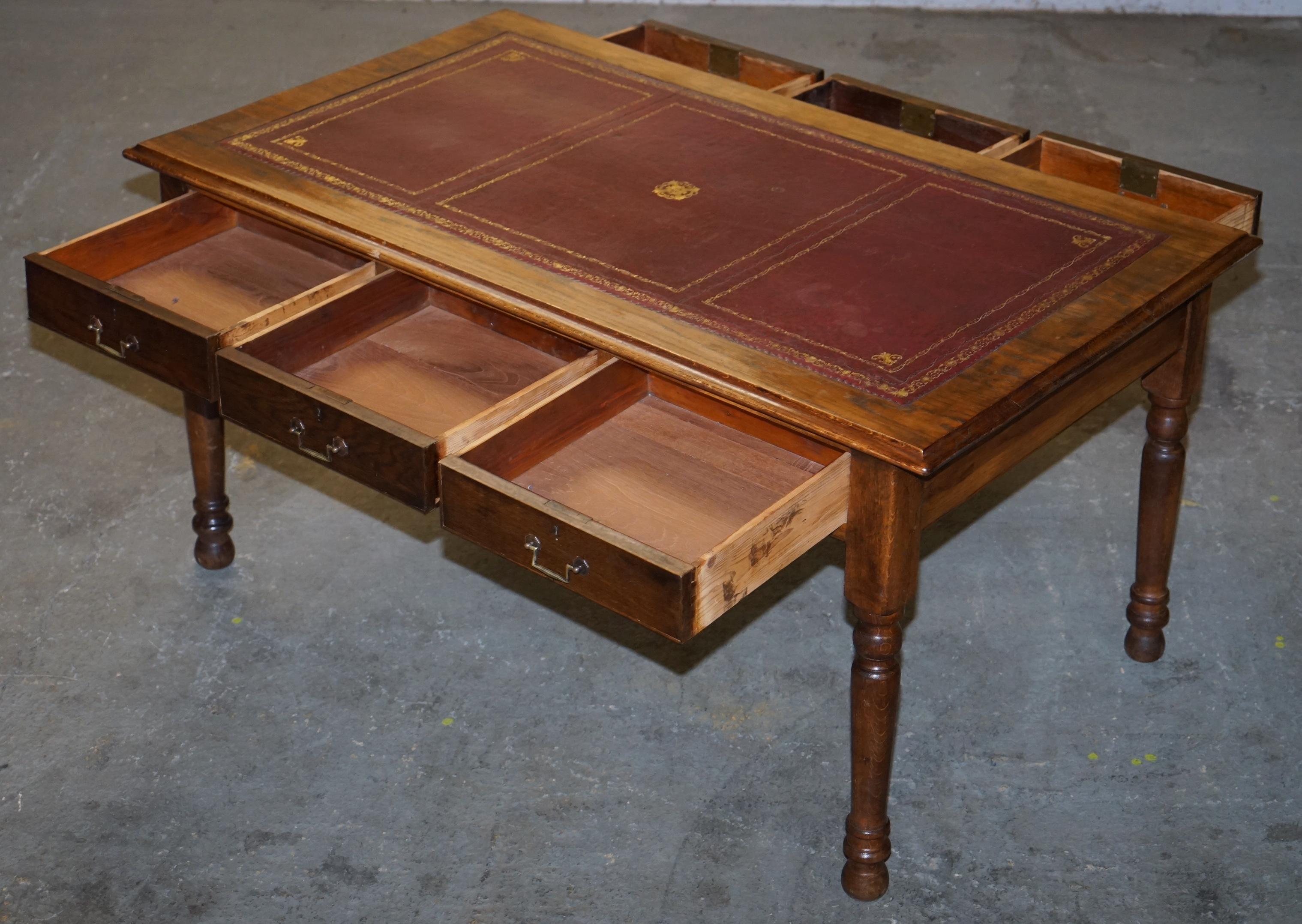 Double Sided Victorian Oak Oxblood Leather Top Library Writing Desk with Drawers 6