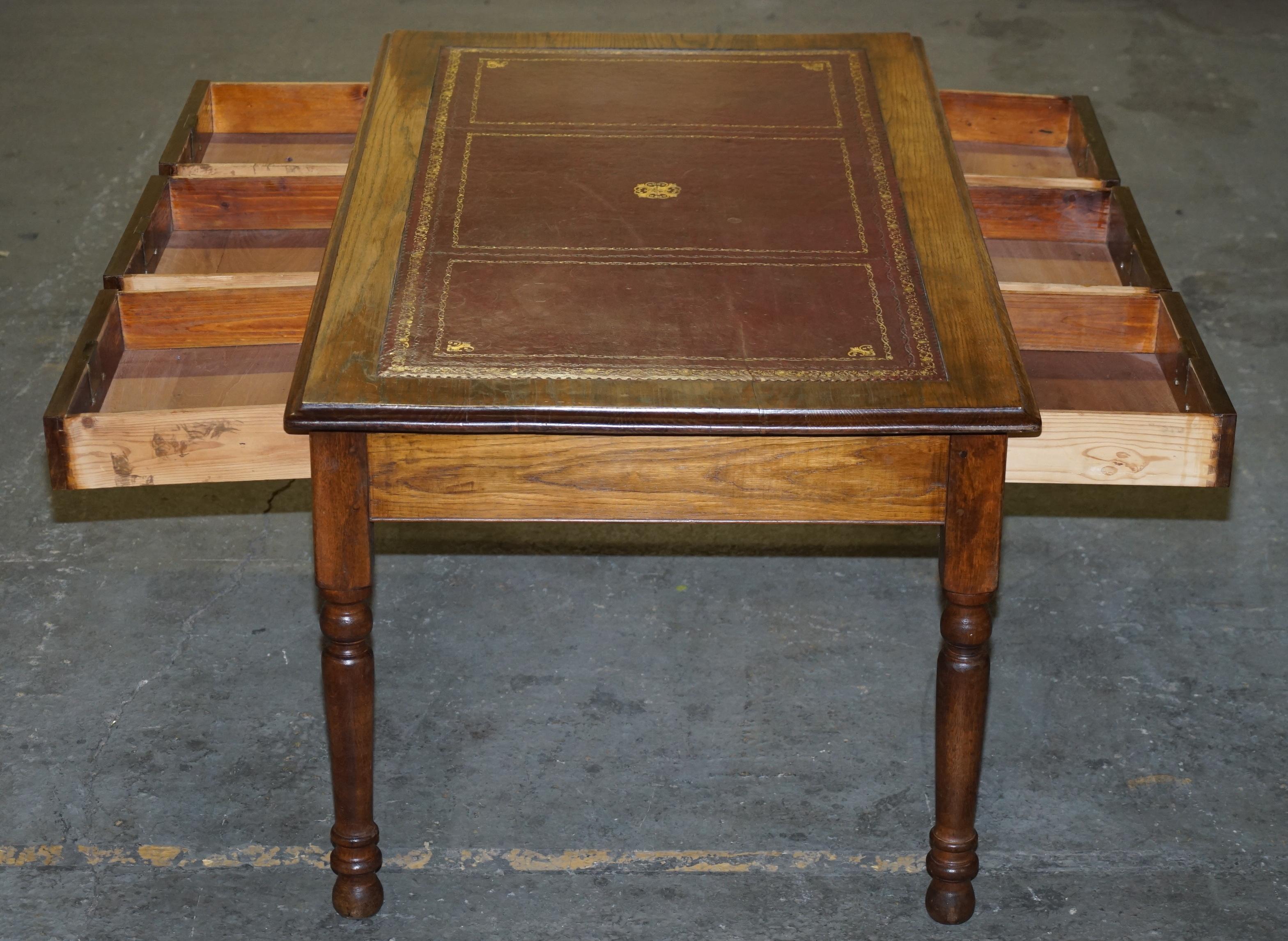 Double Sided Victorian Oak Oxblood Leather Top Library Writing Desk with Drawers 7