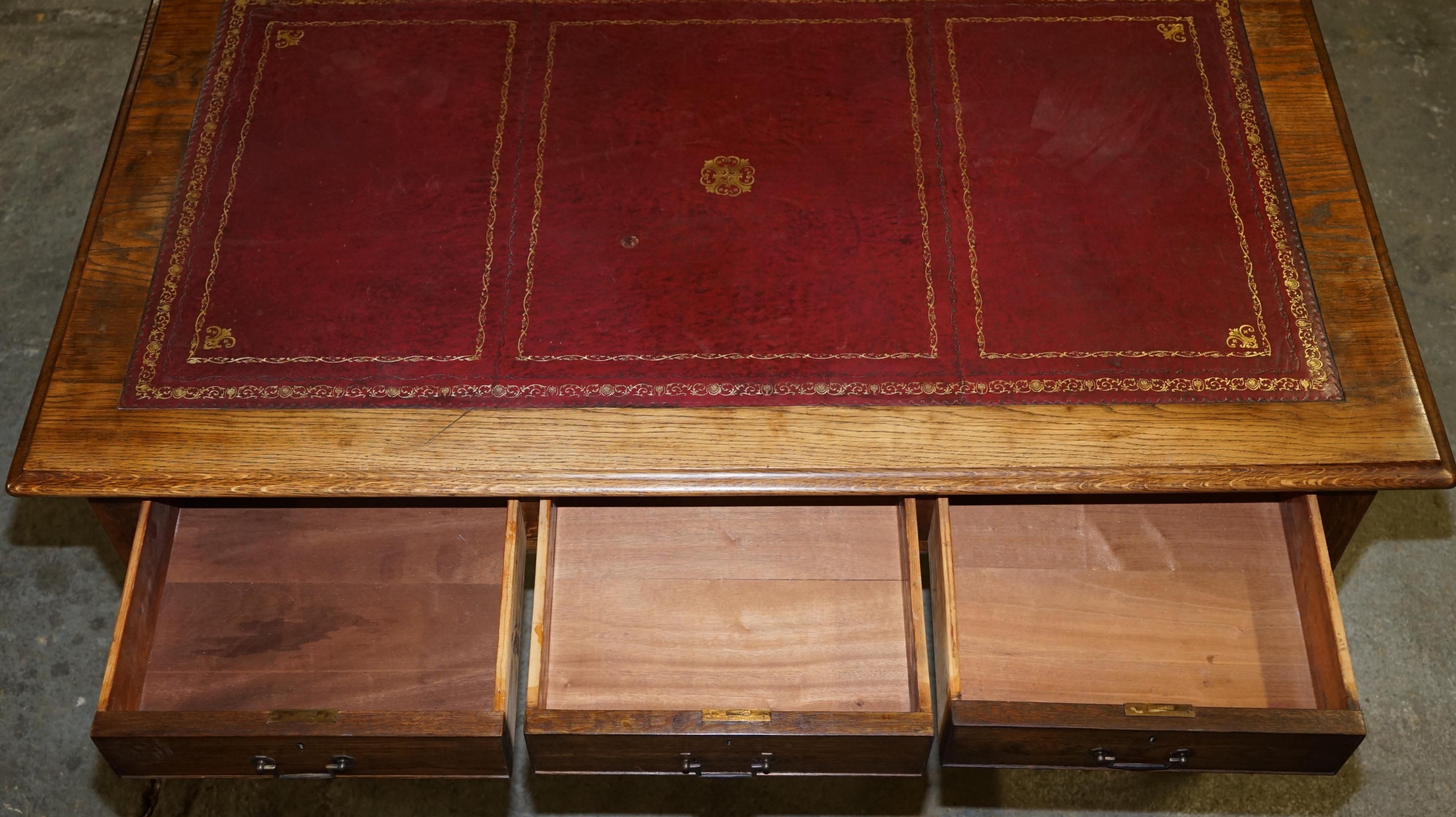 Double Sided Victorian Oak Oxblood Leather Top Library Writing Desk with Drawers 8