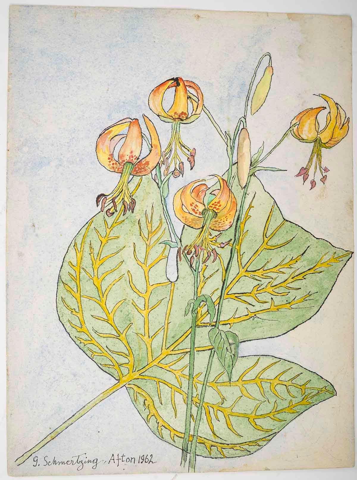 Aquarelle de plantes à double face, 20e siècle, Afton, 1962. Bon état - En vente à Saint-Ouen, FR