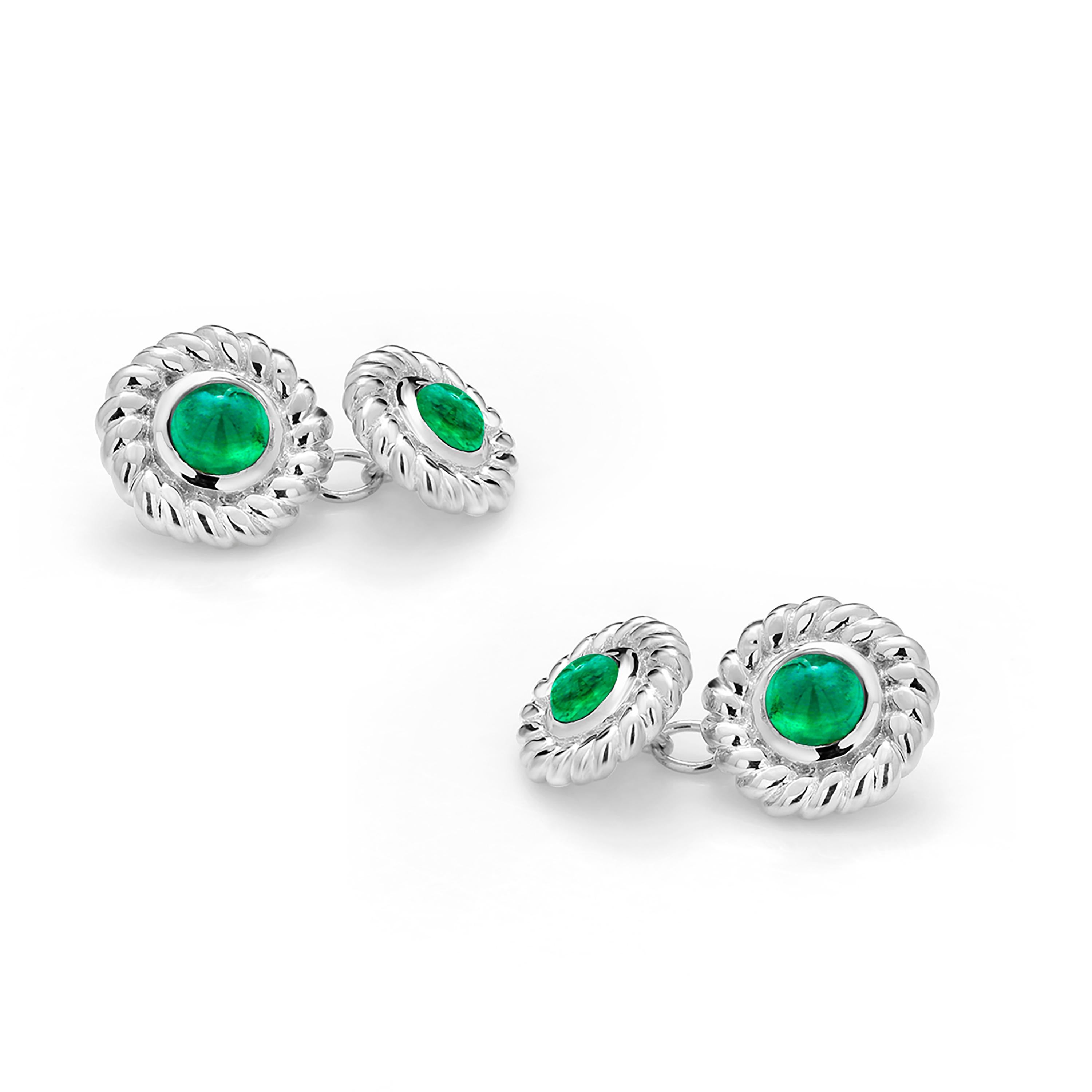 Fourteen karats white gold fabulous pair of matched men’s double-sided chain link cufflinks
Four matching vibrant and vivid cabochon green emeralds weighing 2.55 carats
The emeralds hue color is of full-bodied grass gree  tone 
Chain Link measures