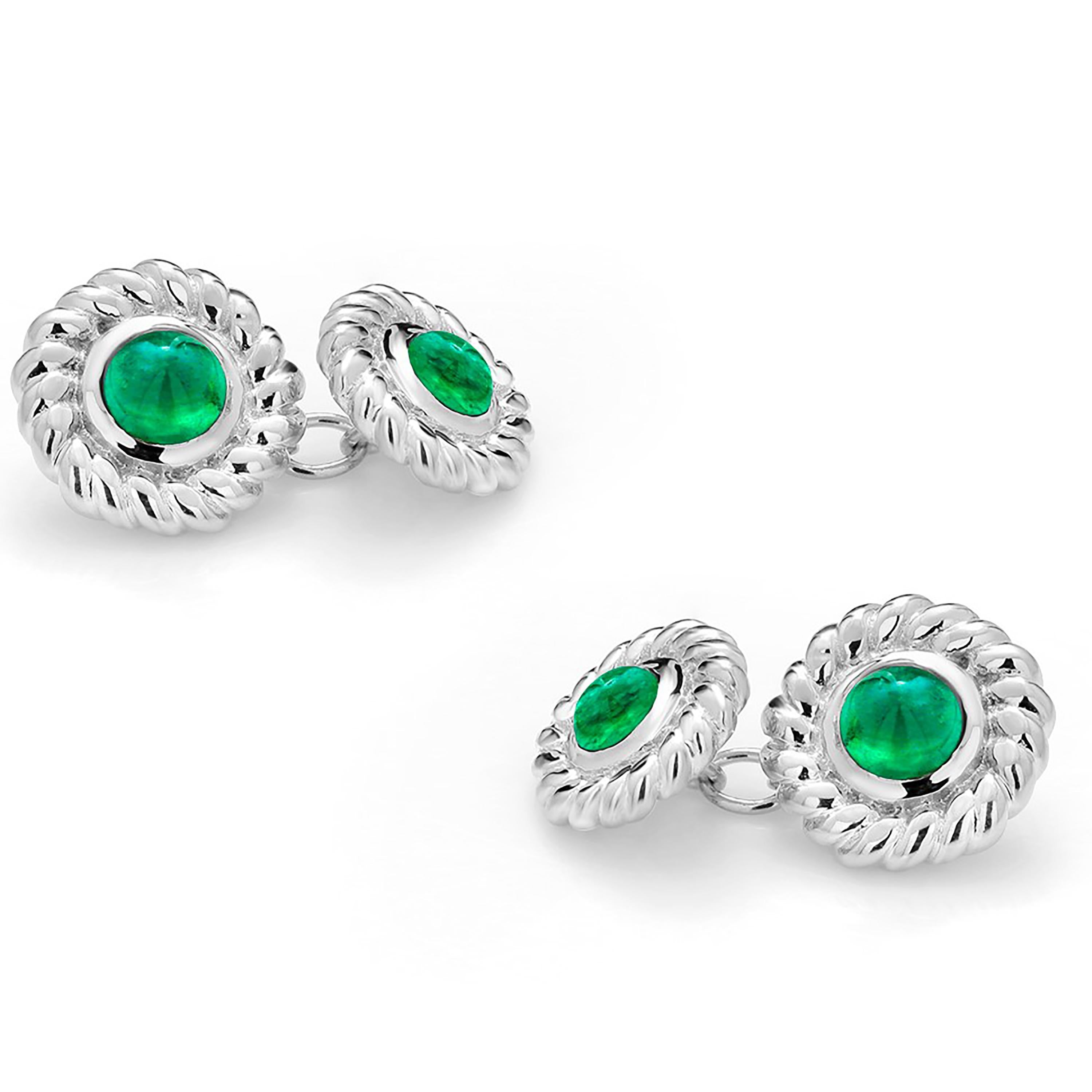 Modern Double Sides Gold Cufflinks Matched Pair of Cabochon Emerald