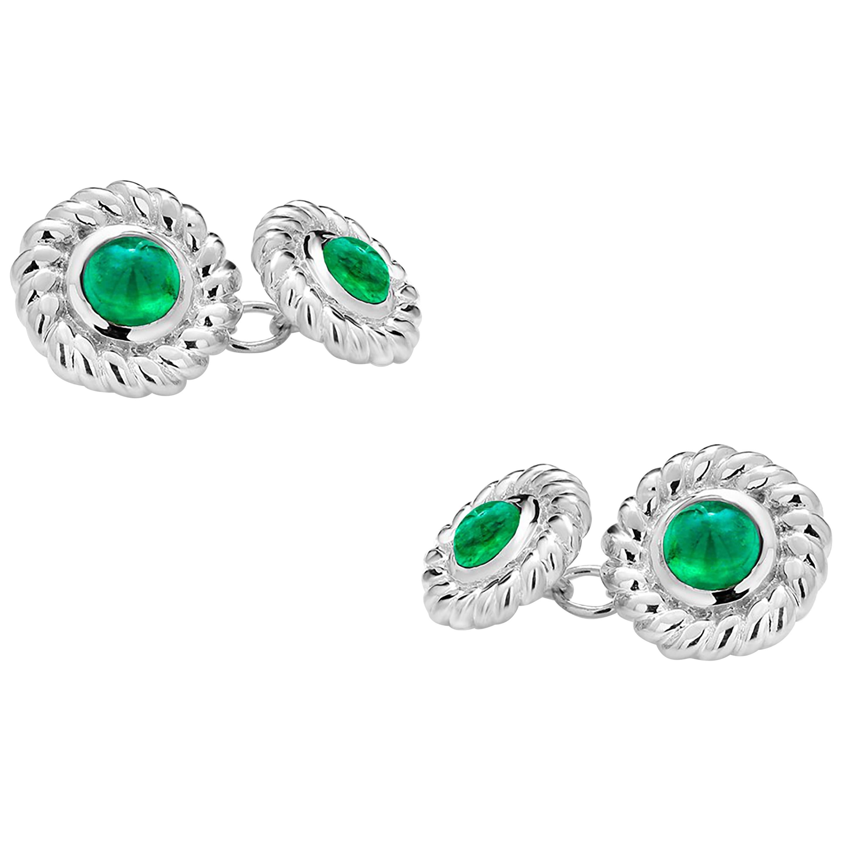 Double Sides Gold Cufflinks Matched Pair of Cabochon Emerald