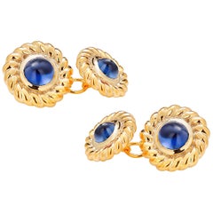 Double Sides Gold Cufflinks Matched Pair of Cabochon Sapphire