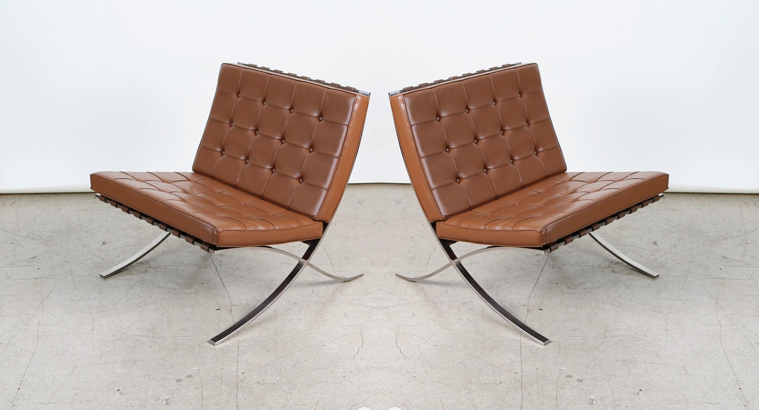Double Signed Pair of Mies Van Der Rohe Barcelona Chairs for Knoll International In Good Condition In Los Angeles, CA