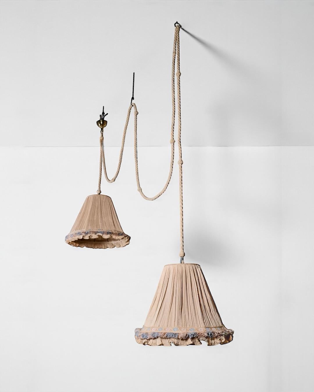 Romantic Double silk, rope and brass pendant, by Cenacchi, made in Italy, 1960s For Sale