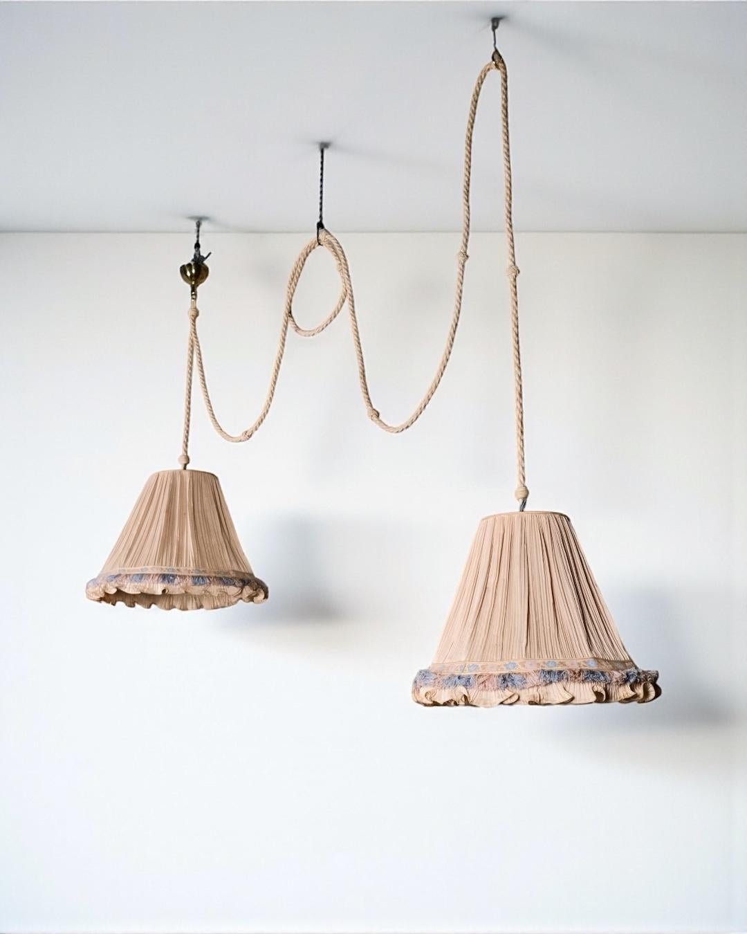 Italian Double silk, rope and brass pendant, by Cenacchi, made in Italy, 1960s For Sale