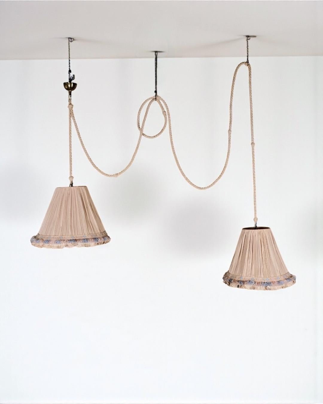 Double silk, rope and brass pendant, by Cenacchi, made in Italy, 1960s In Good Condition For Sale In Lyon, FR