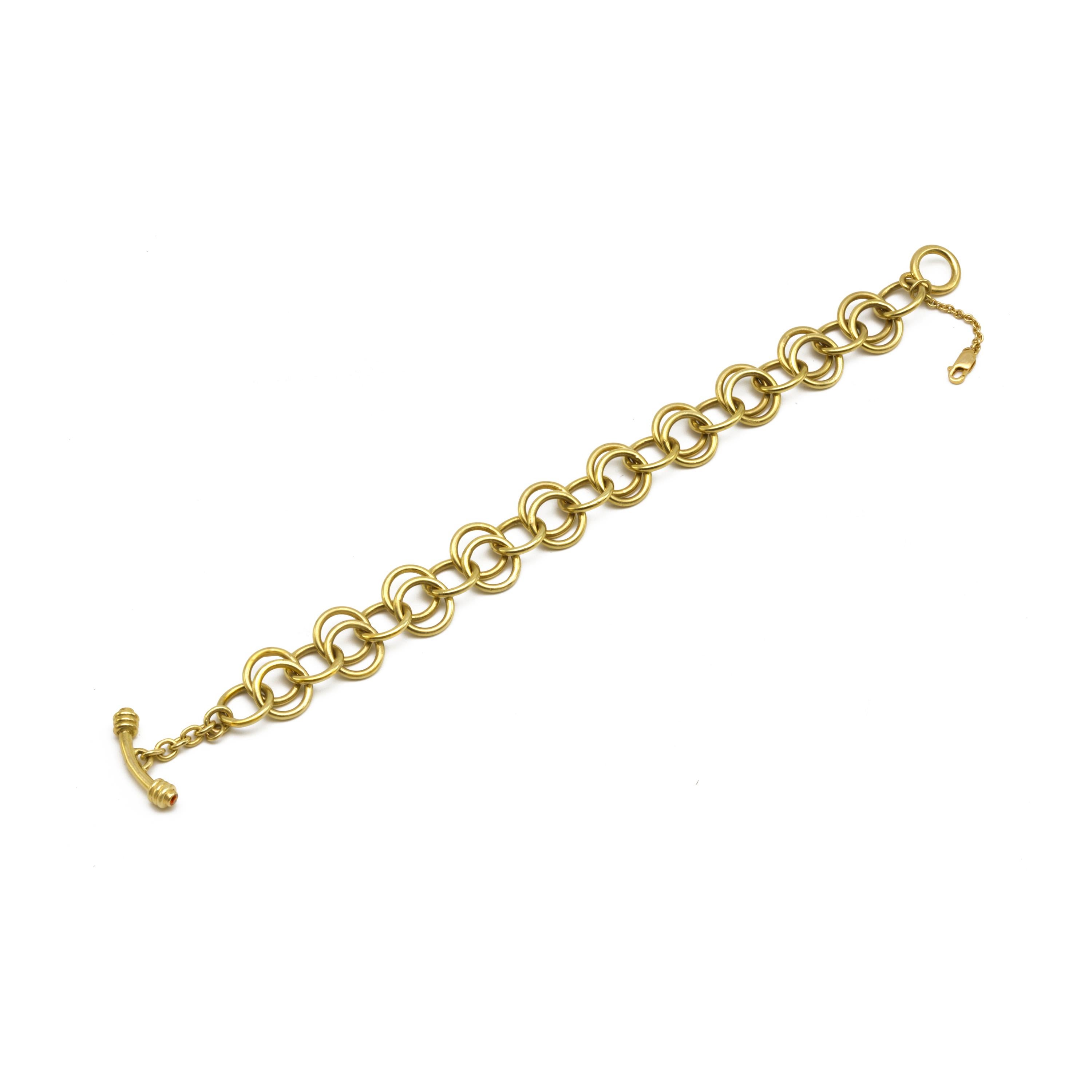 Artisan Diana Kim England Handmade Charm Chain in 18 Karat Gold with Ruby Toggle For Sale