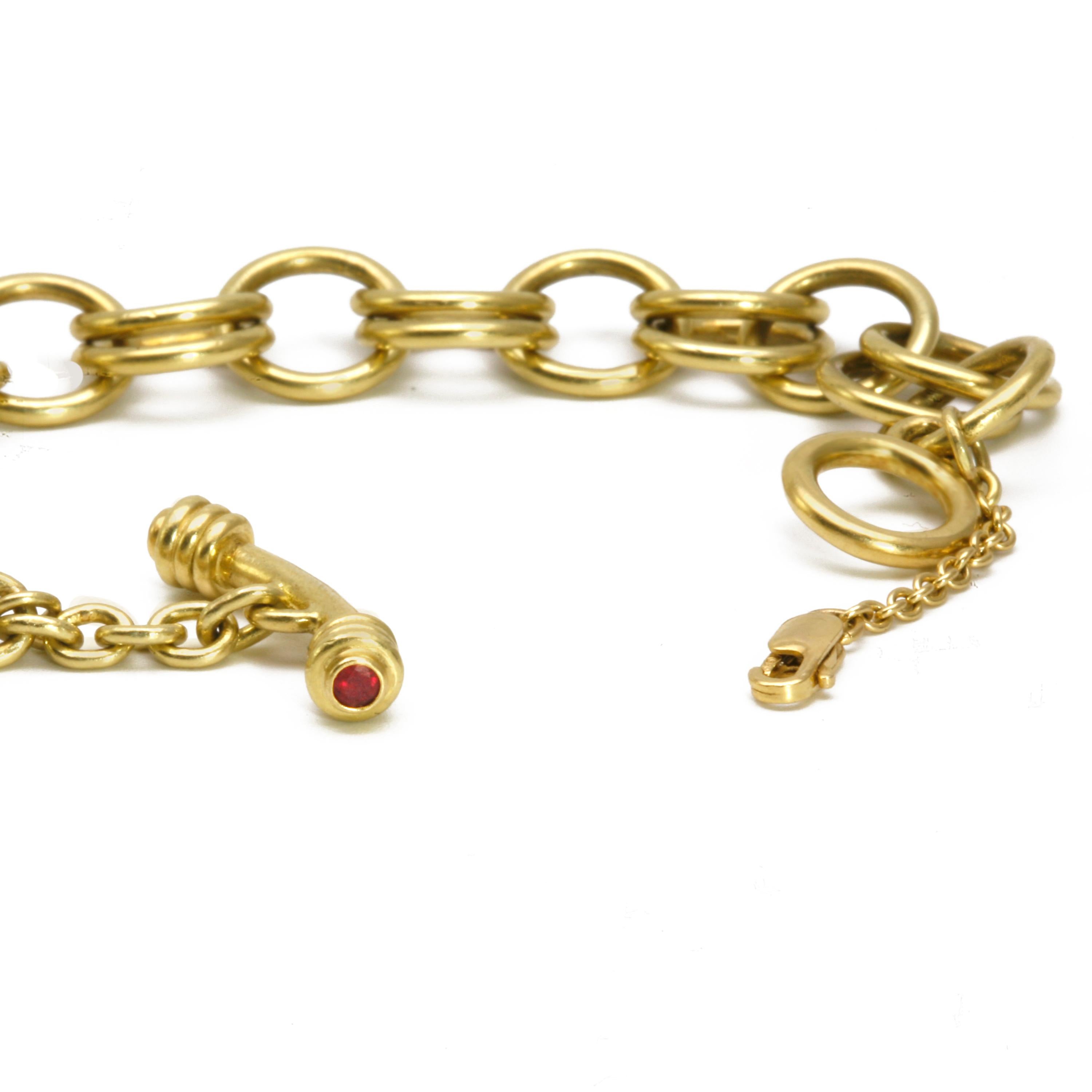 Diana Kim England Handmade Charm Chain in 18 Karat Gold with Ruby Toggle For Sale 3