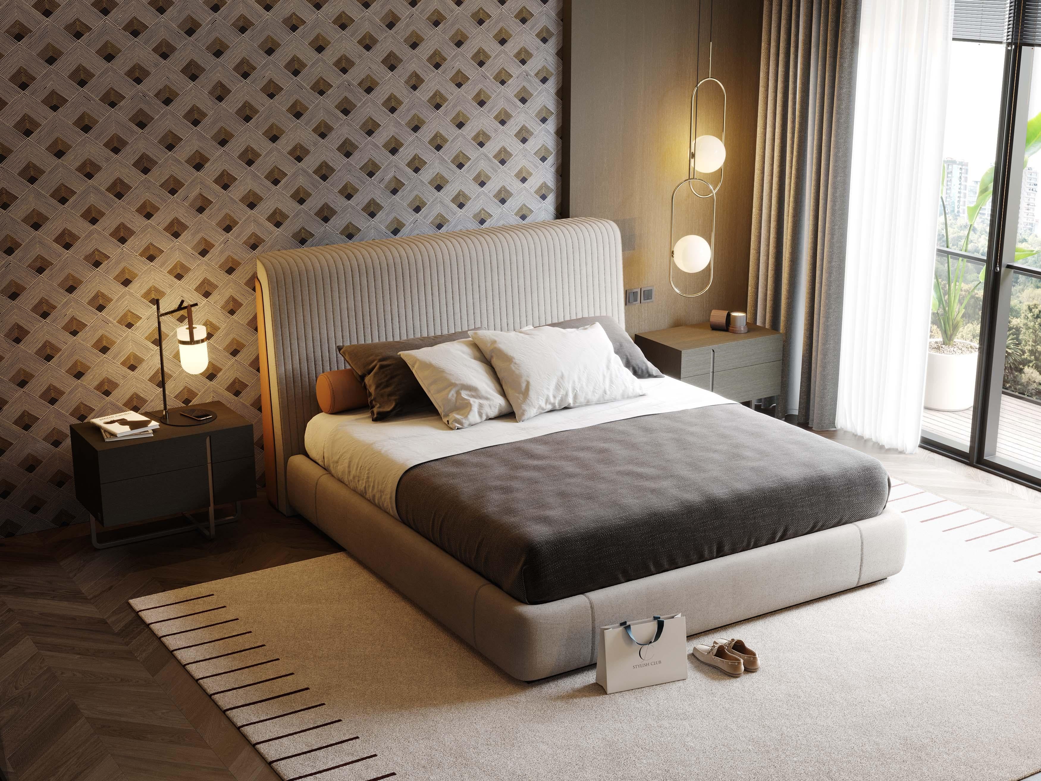Sein Bett in Doppelgröße aus Leder und Textilien, Art déco-Stil (21. Jahrhundert und zeitgenössisch) im Angebot