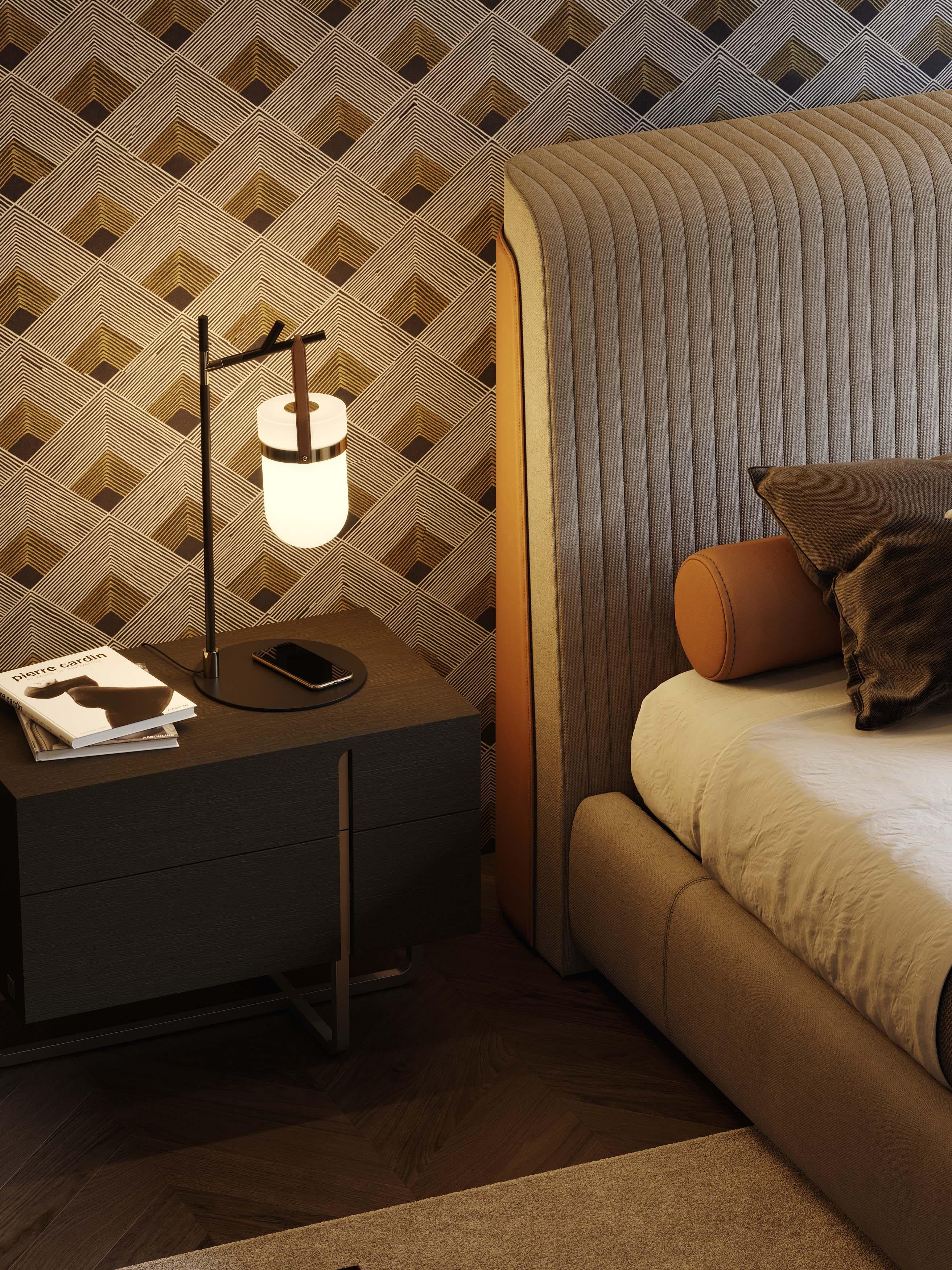 Sein Bett in Doppelgröße aus Leder und Textilien, Art déco-Stil im Angebot 1