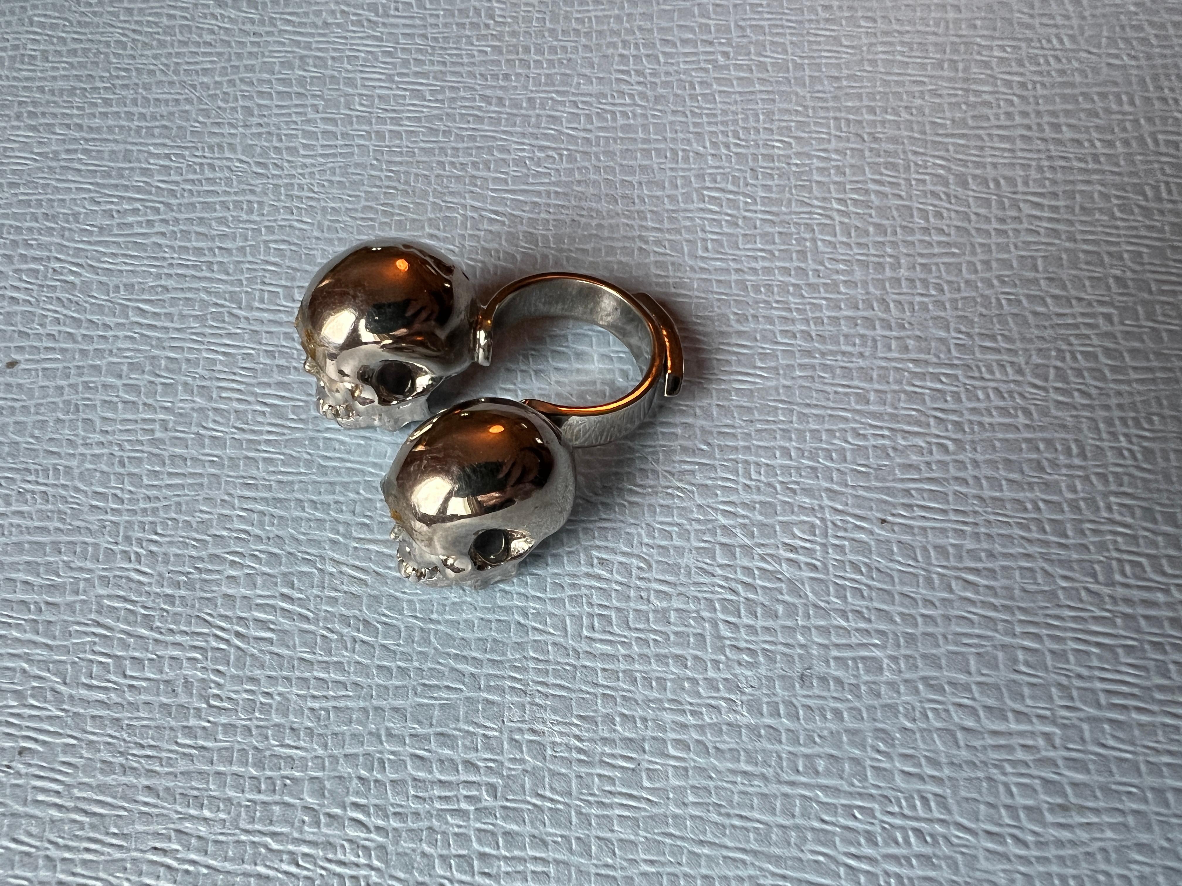 Women's or Men's Double Skull Ring Platinum Plated Brass For Sale