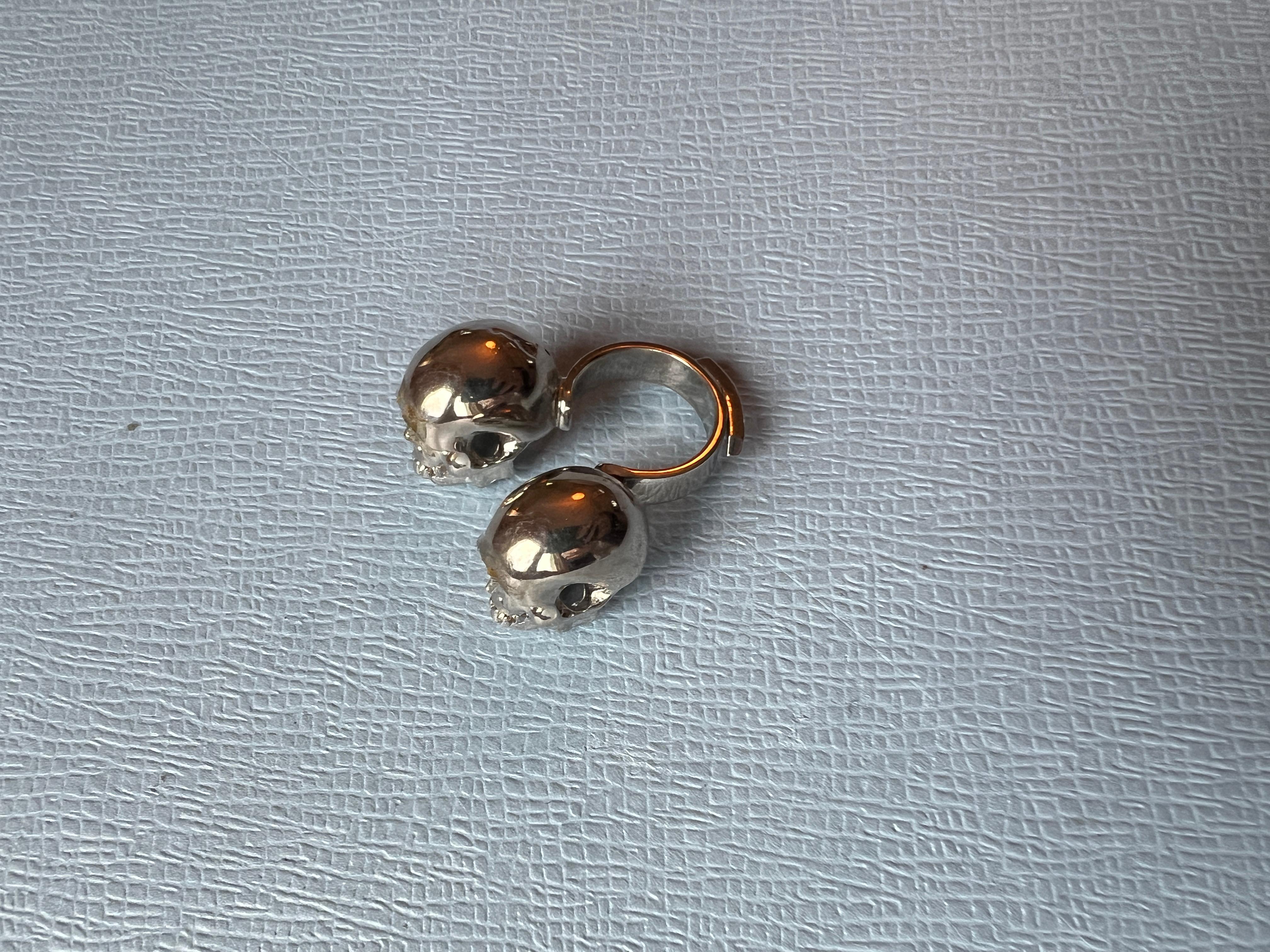 Double Skull Ring Platinum Plated Brass For Sale 1