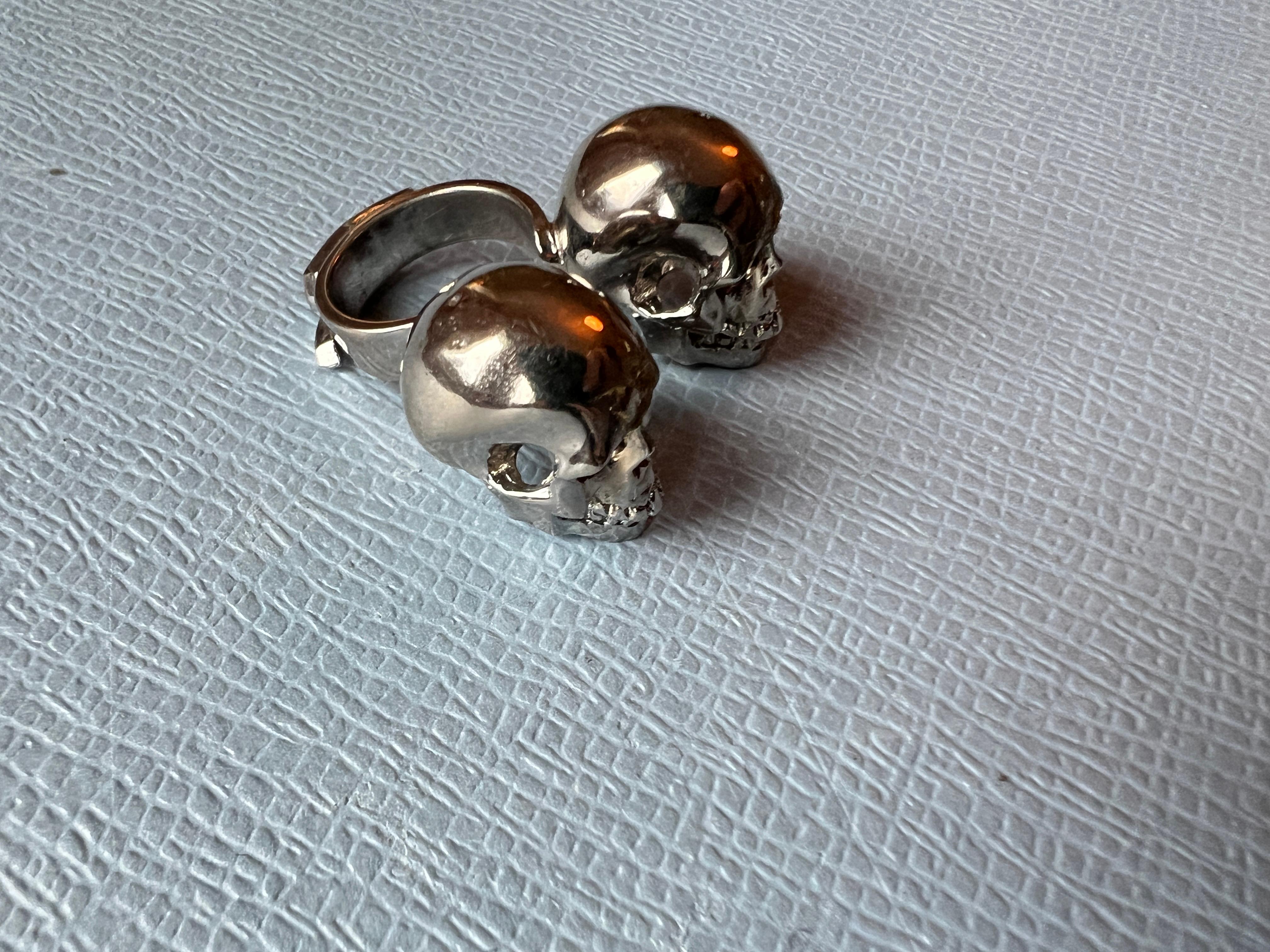 Double Skull Ring Platinum Plated Brass For Sale 2