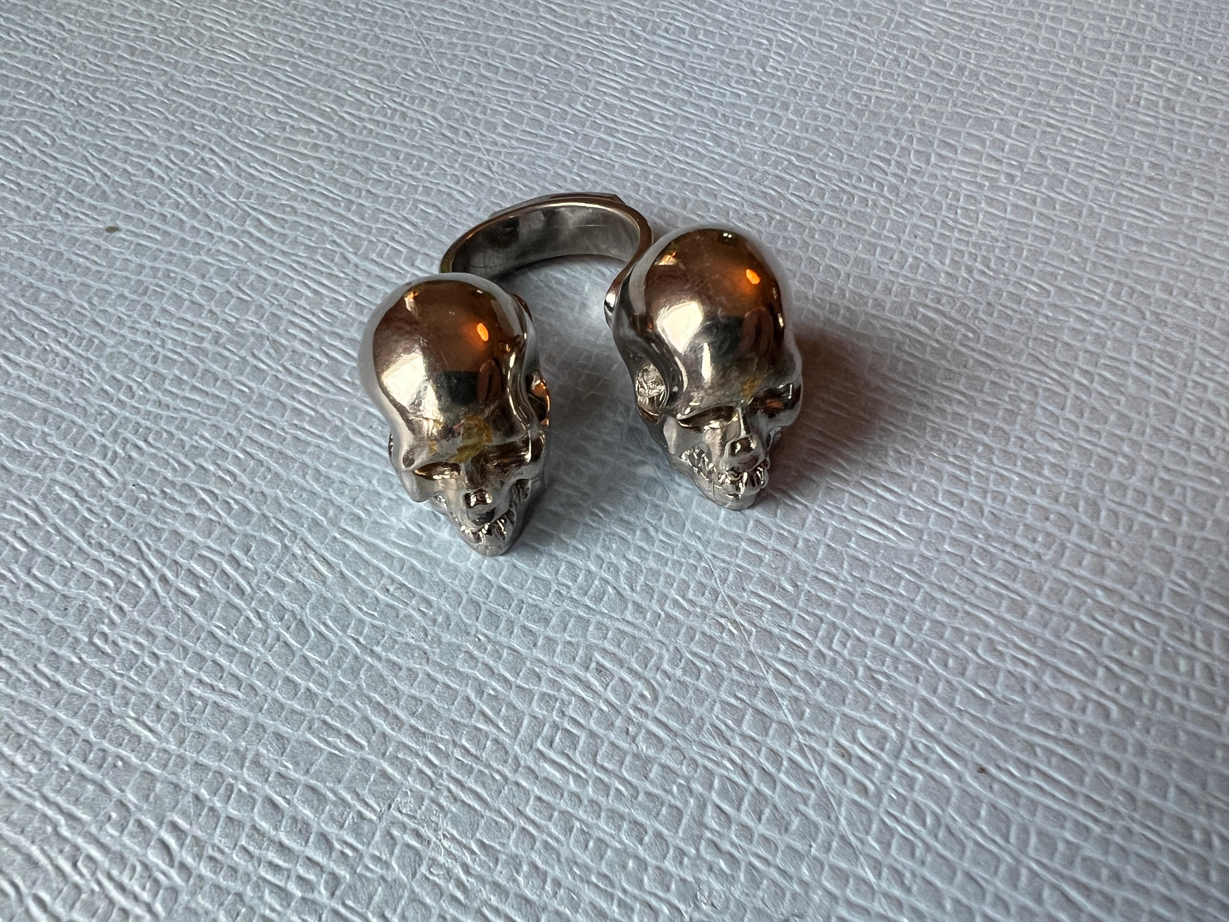 Double Skull Ring Platinum Plated Brass For Sale 3