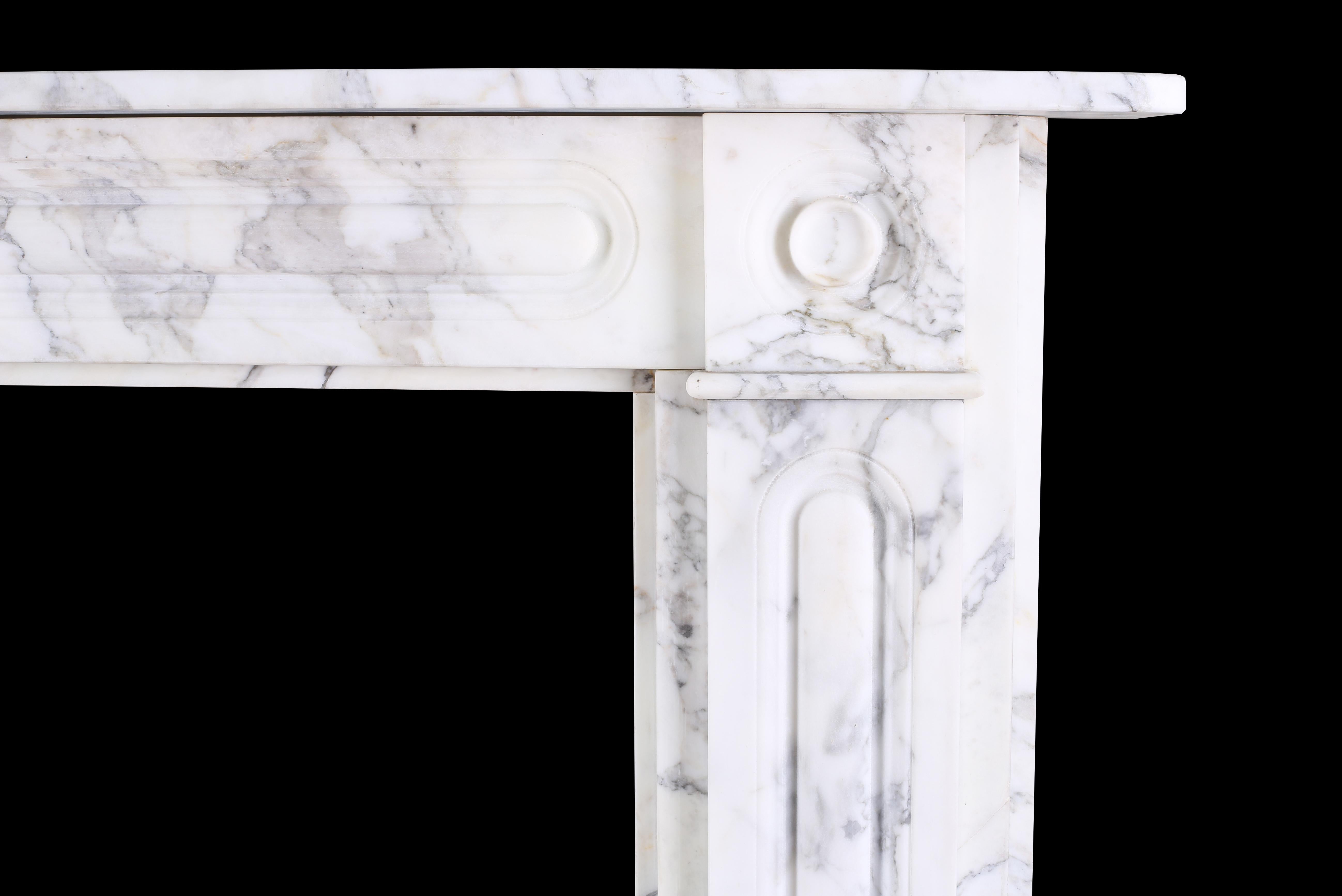 Double-slip Georgian bullseye fireplace in Italian grey Veined Arabescato marble

Measures: Depth: 9” – 22.8 cm
External height: 43” – 109 cm
External width: 60” – 152.5
Internal height: 36” – 91.5 cm
Internal width: 36” – 91.5 cm.
    