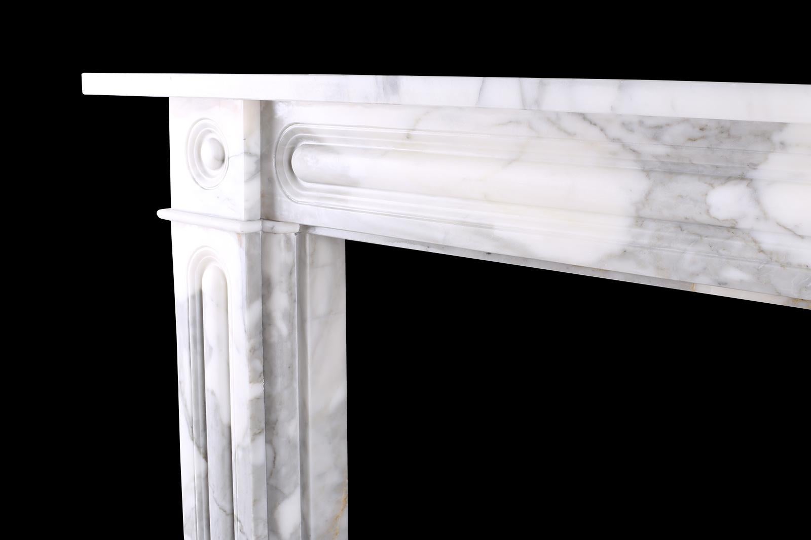 Double-Slip Georgian Bullseye in Italian White Statuary Marble

Large Double-Slip Georgian Style Fireplace Surround in finest quality Italian White Statuary Marble.
Depth: 8” – 20.3 cm
External Height: 42 3/4” – 108.5 cm
External Width: 60” –