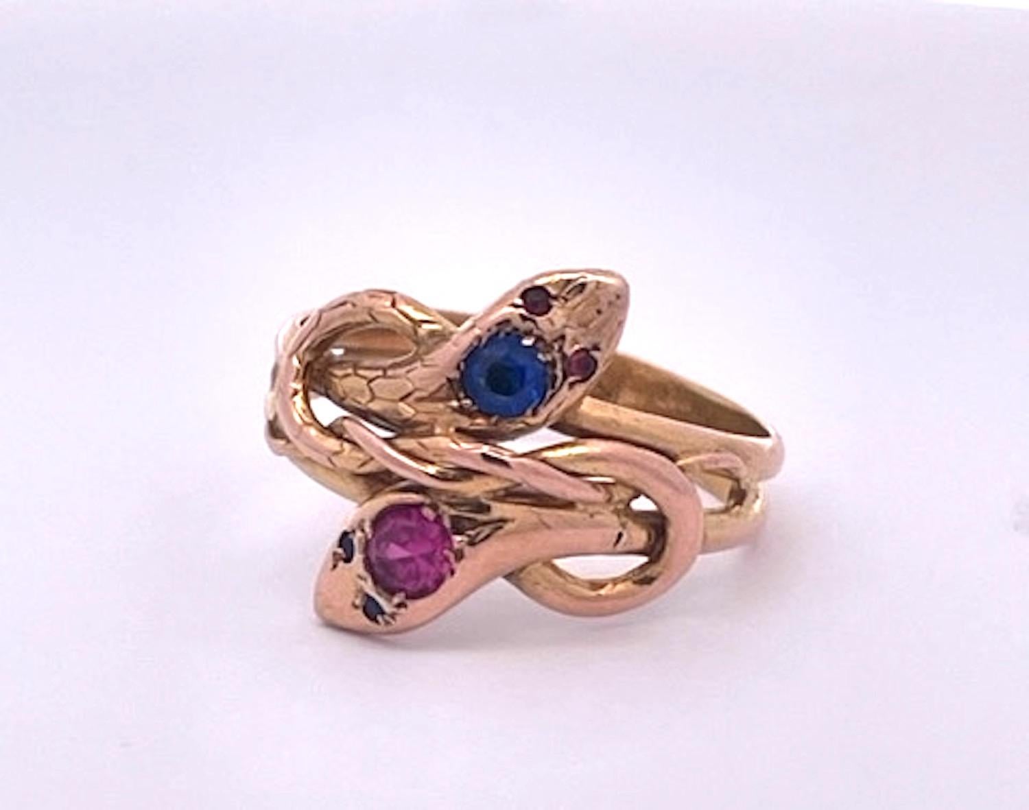 Artisan Double Snake Ring Blue Pink Sapphire Head 14K For Sale