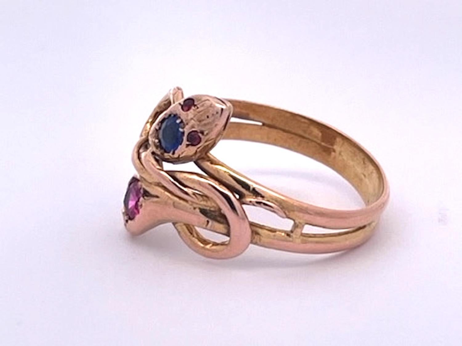 Round Cut Double Snake Ring Blue Pink Sapphire Head 14K For Sale