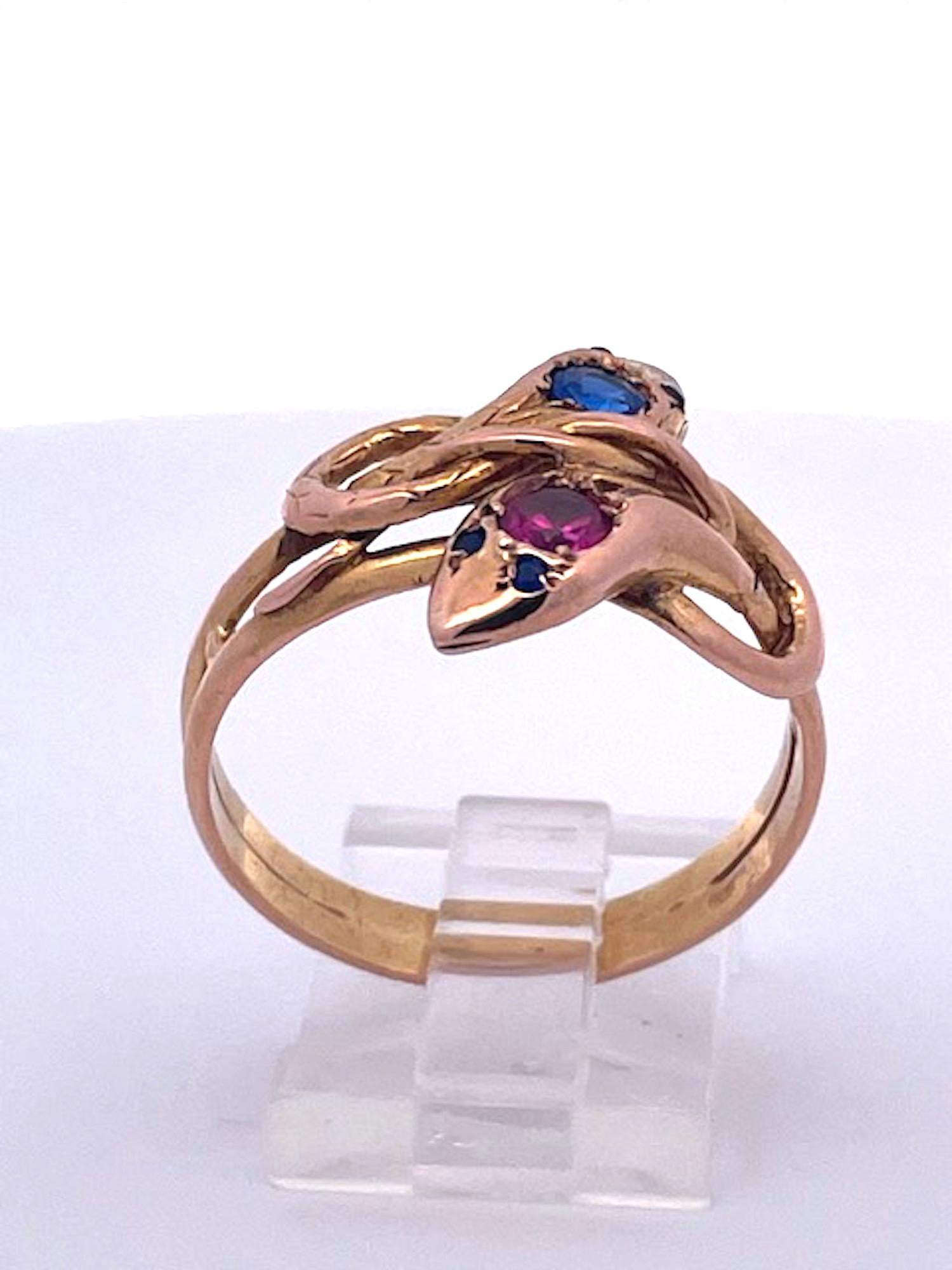 Women's or Men's Double Snake Ring Blue Pink Sapphire Head 14K For Sale