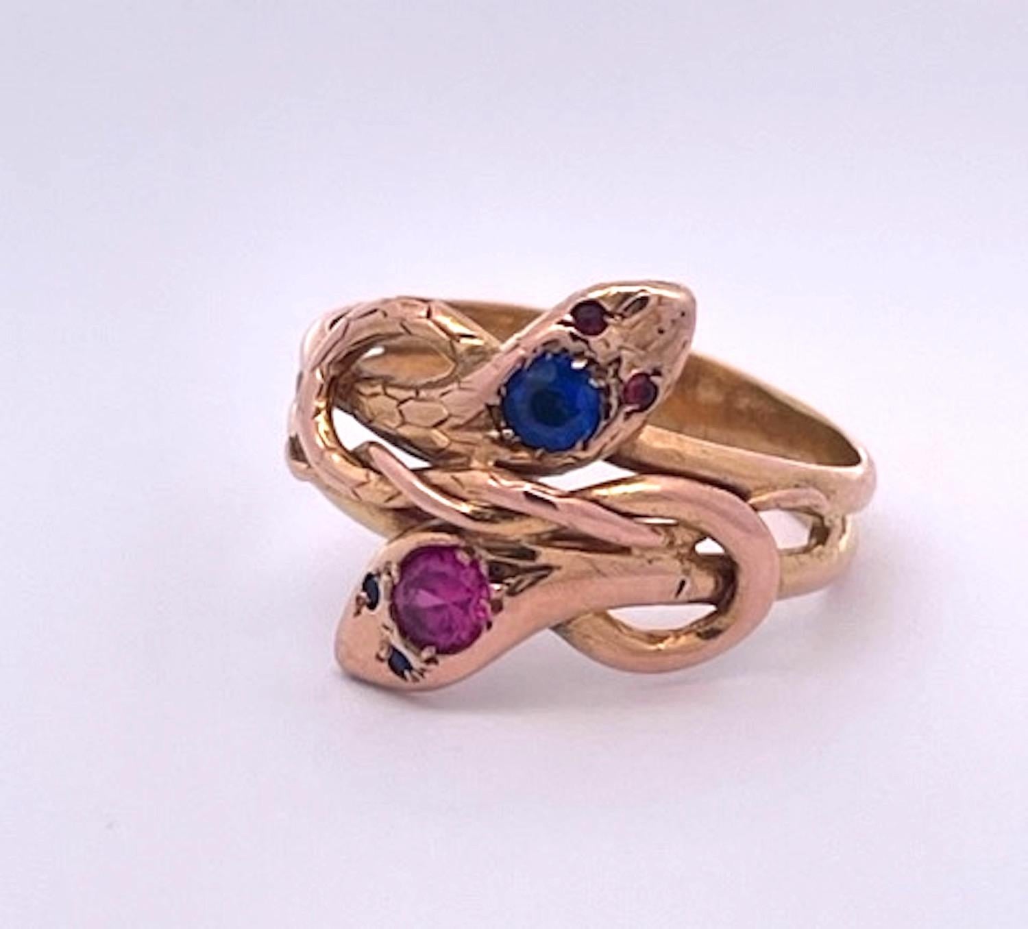 Double Snake Ring Blue Pink Sapphire Head 14K For Sale 1