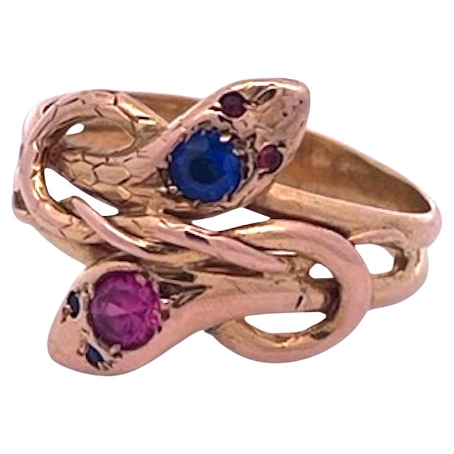 Double Snake Ring Blue Pink Sapphire Head 14K For Sale
