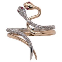 Double Snake Ring w Ruby and Diamond Accents in 14K Dual Yellow and White Gold
