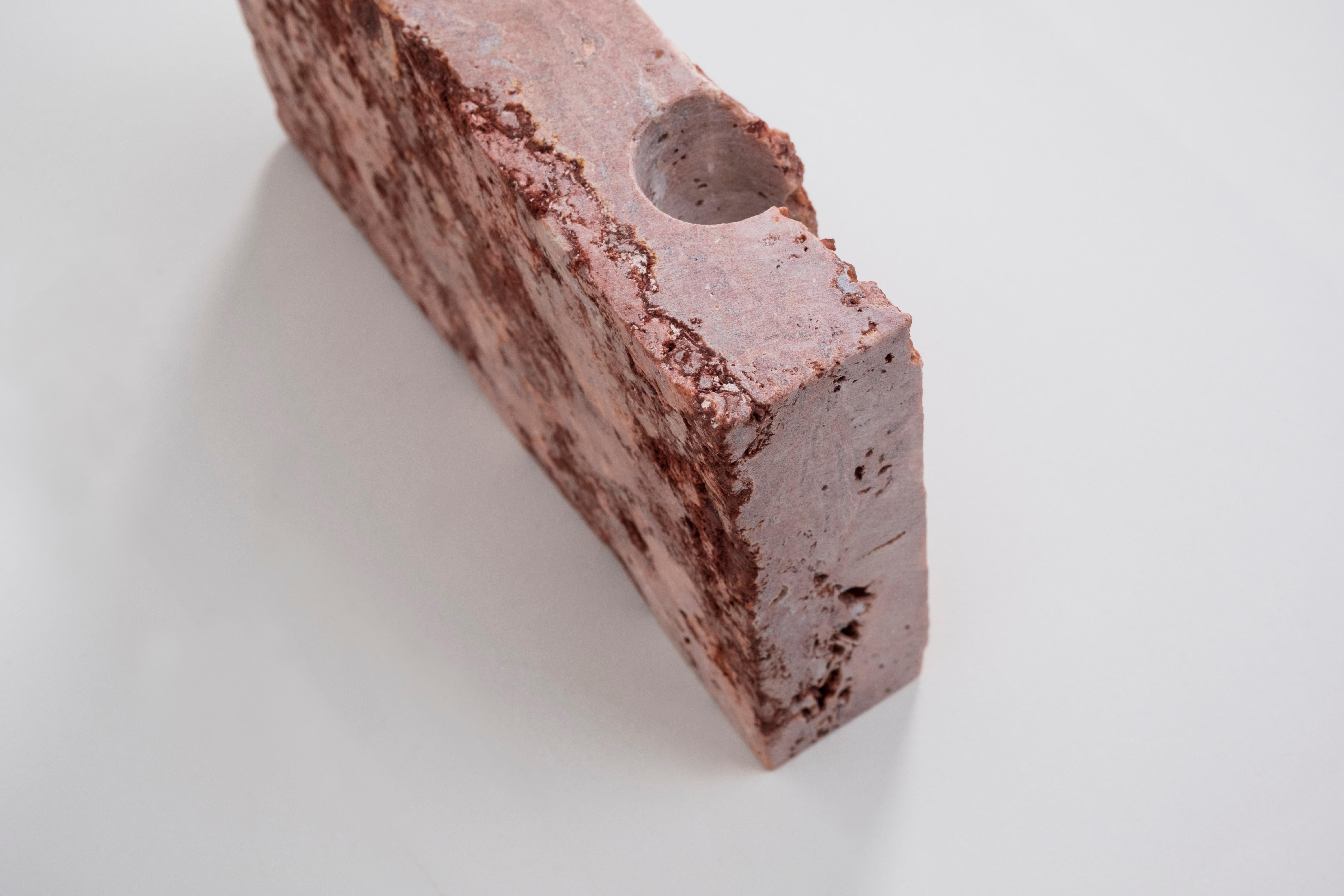 Spanish Double Snug Candleholder in 'Raw' Red Travertine by Sanna Völker For Sale