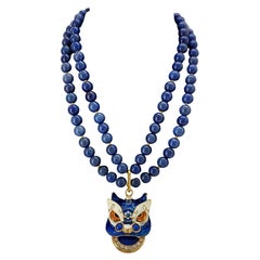 Artisan Double Strand Sodalite Necklace with Blue Enamel Lion Pendant
