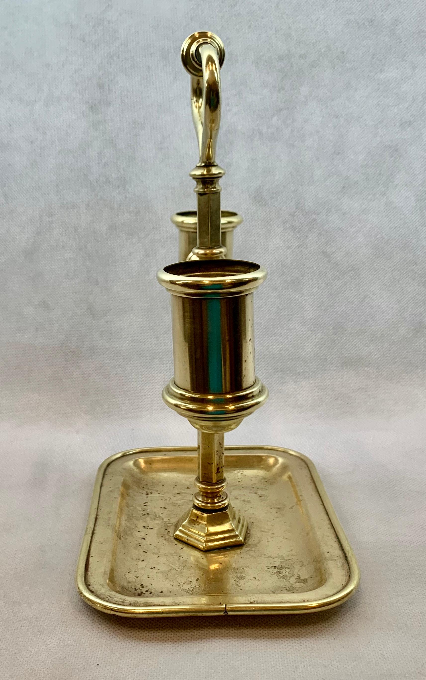 Double Solid Brass Candlestand with Undertray and Carry Handle In Good Condition In West Palm Beach, FL