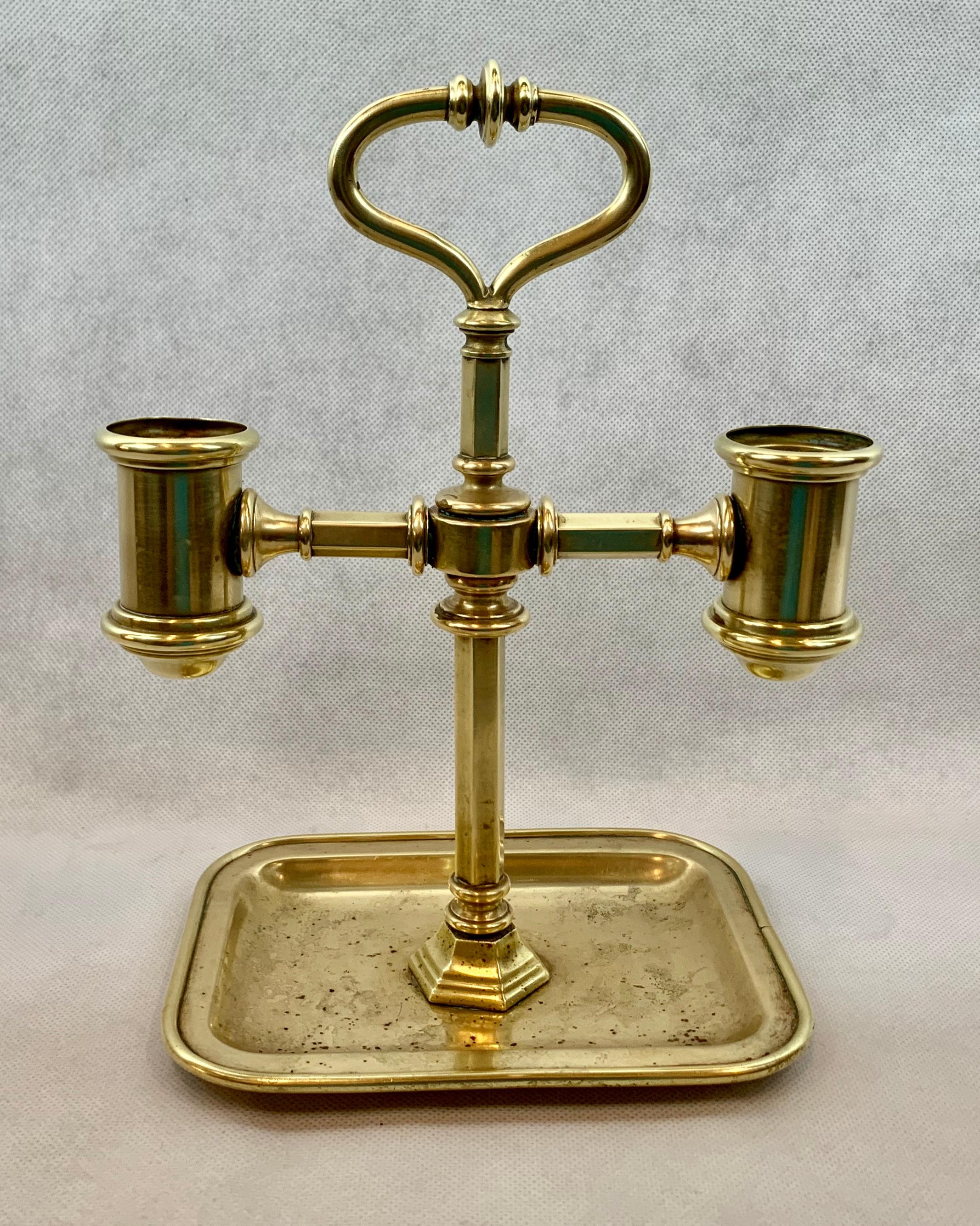 Mid-20th Century Double Solid Brass Candlestand with Undertray and Carry Handle